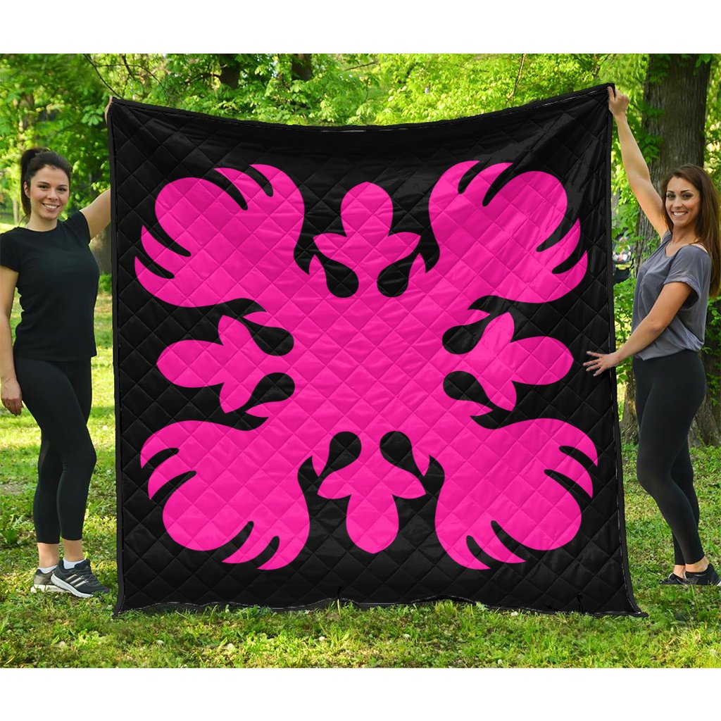 Hawaii Royal Pattern Premium Quilt - Black And Pink - O2 Style - AH Pink - Polynesian Pride