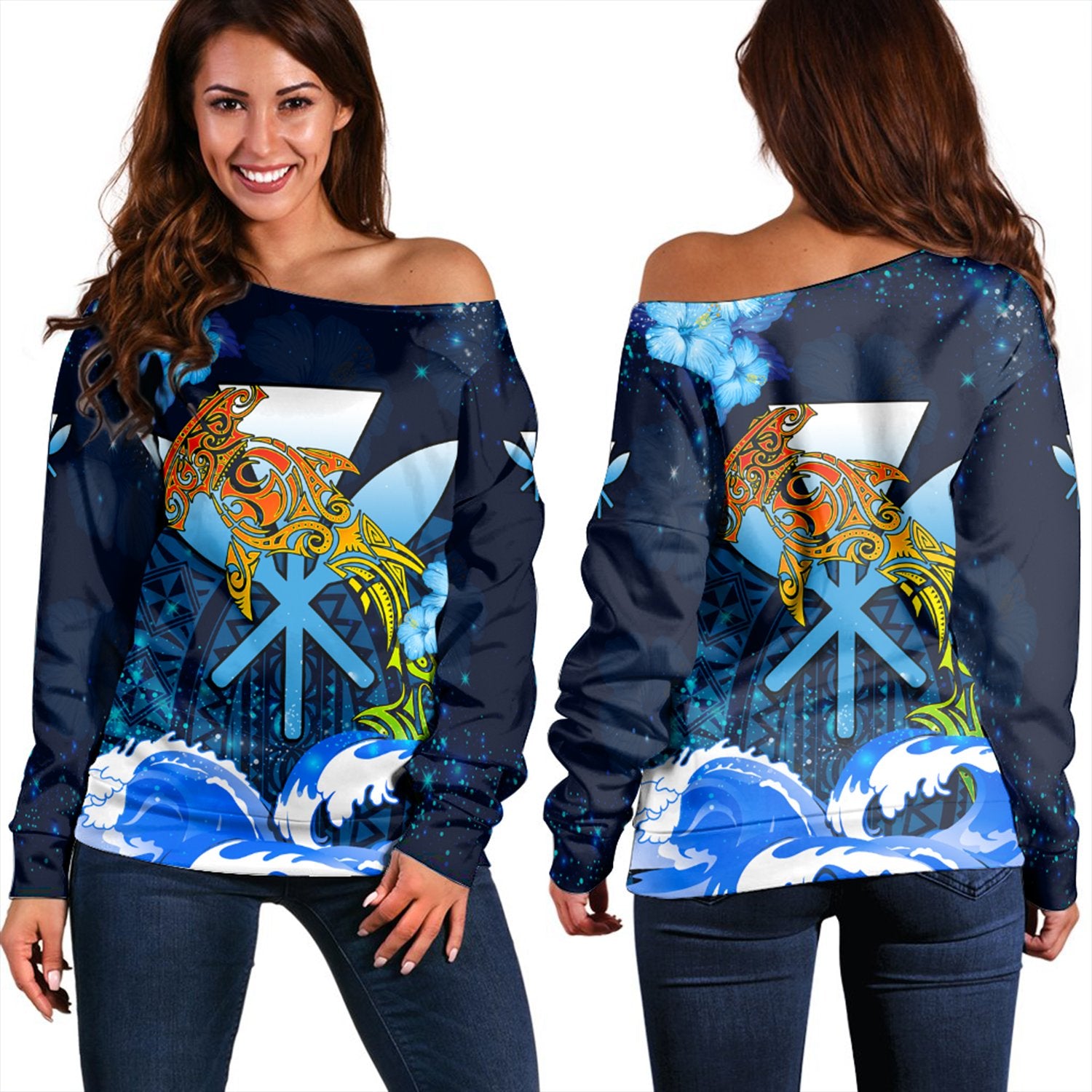 Kanaka Hammerhead Sharks Polynesian Hibiscus Women Off Shoulder Sweater - Bloom - AH Blue - Polynesian Pride