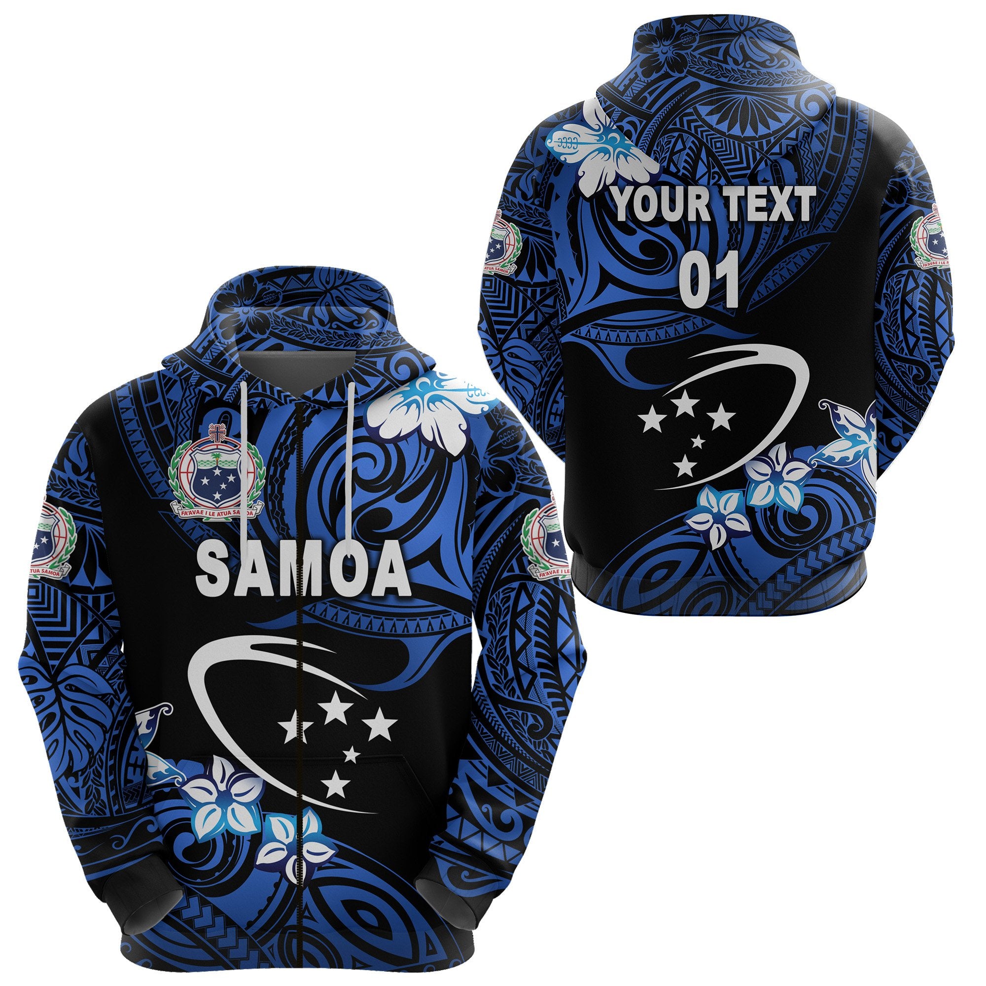 Custom Manu Samoa Rugby Zip Hoodie Unique Vibes Blue, Custom Text and Number Unisex Blue - Polynesian Pride