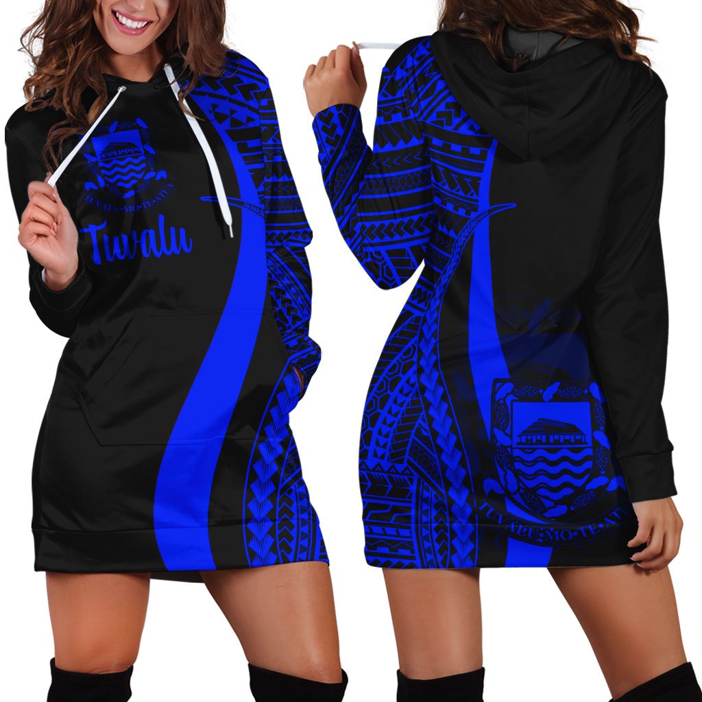 Tuvalu Women's Hoodie Dress - Blue Polynesian Tentacle Tribal Pattern Blue - Polynesian Pride