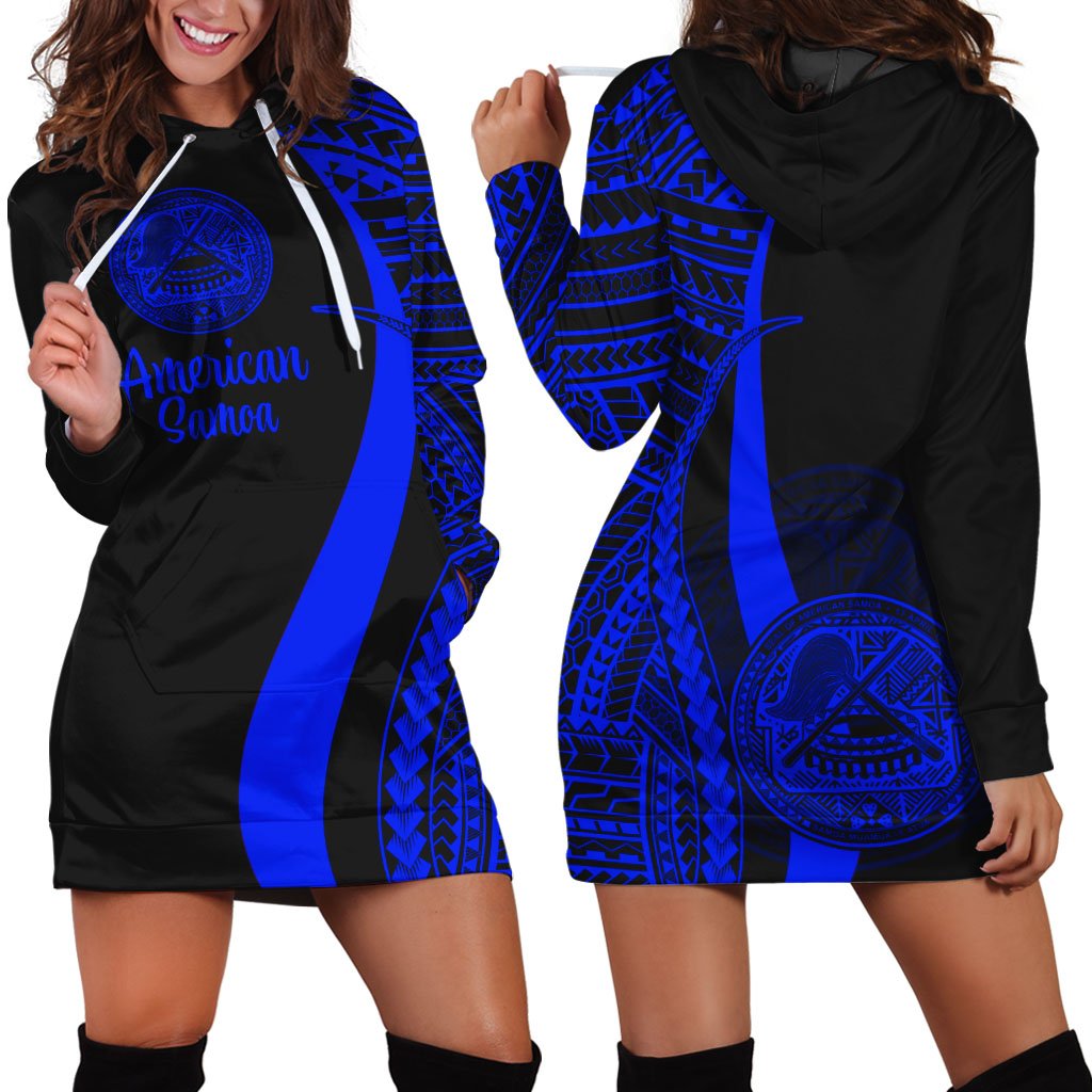 American Samoa Women's Hoodie Dress - Blue Polynesian Tentacle Tribal Pattern Blue - Polynesian Pride