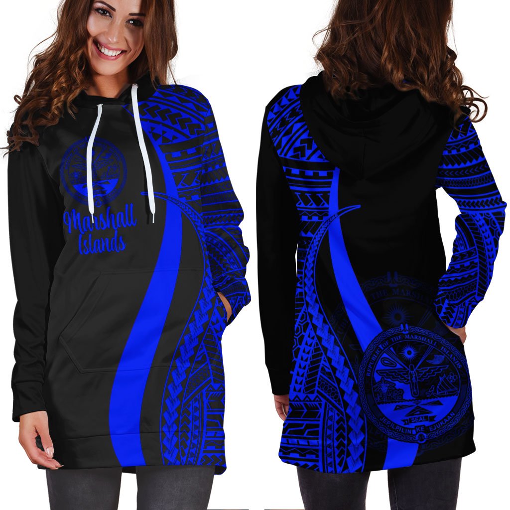 Marshall Islands Women's Hoodie Dress - Blue Polynesian Tentacle Tribal Pattern Crest - Polynesian Pride