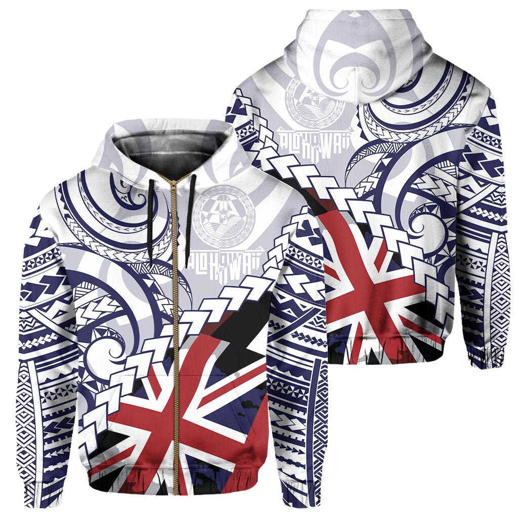 Polynesian Kakau Flag of Hawaii Zip Hoodie Blue Unisex Blue - Polynesian Pride