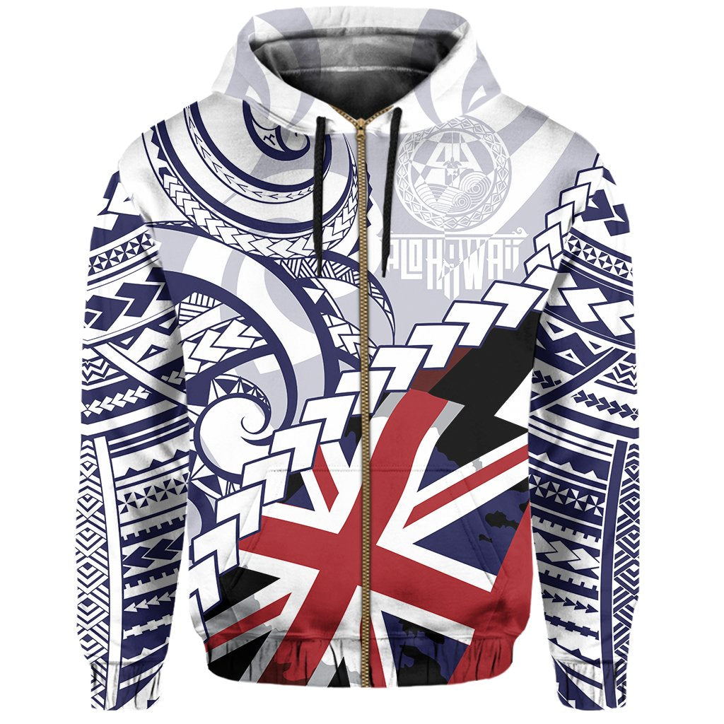 Polynesian Kakau Flag of Hawaii Zip Hoodie Blue - Polynesian Pride