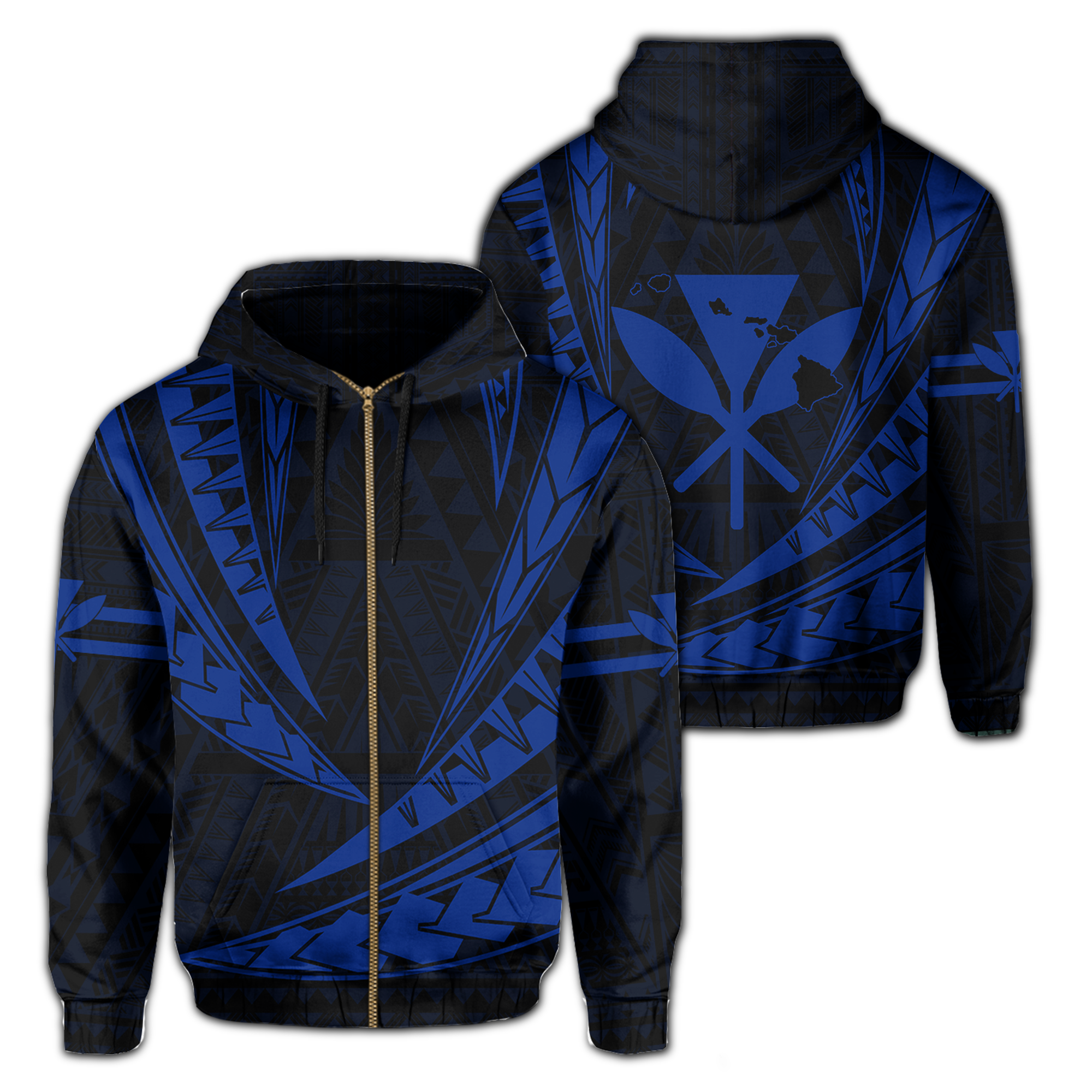 Polynesian Kakau Kanaka Maoli Map Hawaii Zip Hoodie Blue Unisex Blue - Polynesian Pride