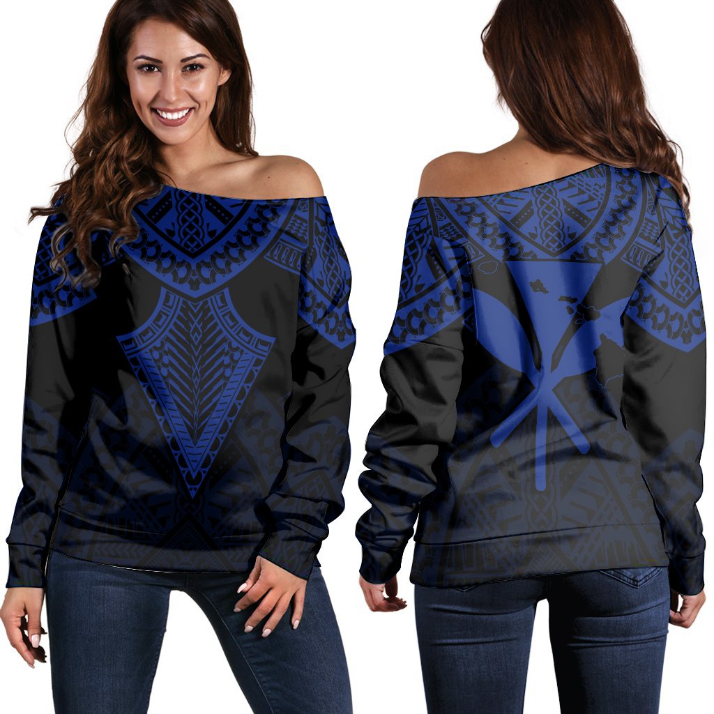 Hawaii Polynesian Limited Women's Off Shoulder Sweater - Tab Style Blue - AH Black - Polynesian Pride