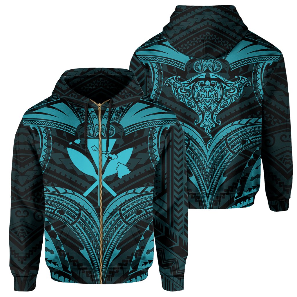 Polynesian Kanaka Shark Turtle Manta Ray Map of Hawaii Zip Hoodie Blue Unisex Blue - Polynesian Pride