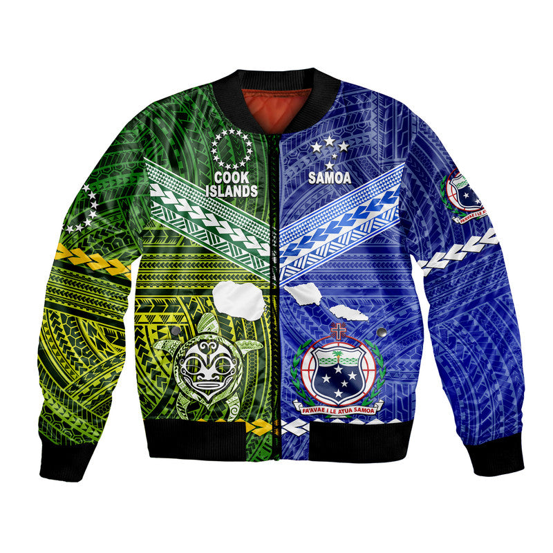 (Custom Personalised) Samoa And Cook Islands Bomber Jacket Together LT8 Unisex Blue - Polynesian Pride