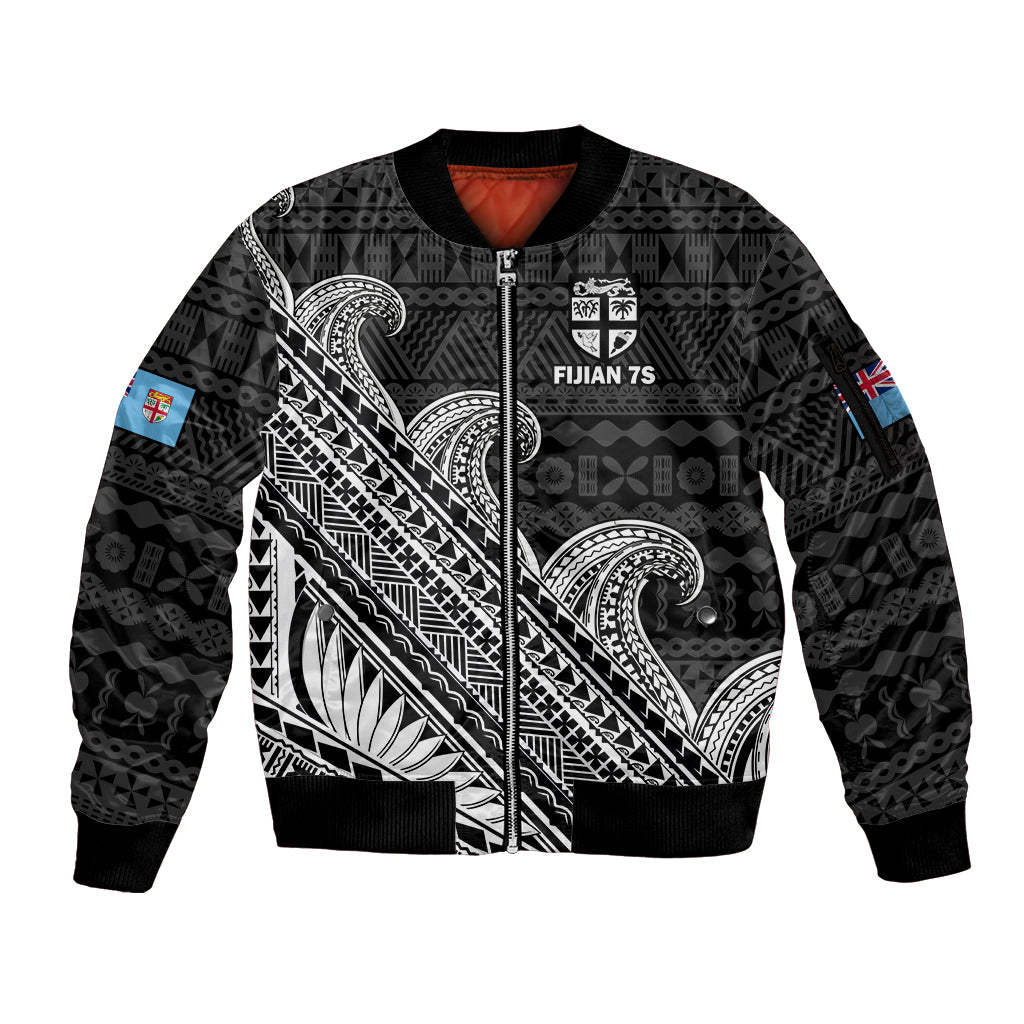 (Custom Text And Number) Fiji Sevens Rugby Fijian 7s Black Tapa Polynesian Art Sleeve Zip Bomber Jacket LT14 Unisex Black - Polynesian Pride