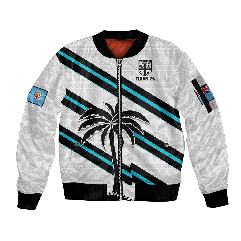 (Custom Text And Number) Fiji Rugby Tapa Pattern Fijian 7s White Sleeve Zip Bomber Jacket LT14 Unisex White - Polynesian Pride