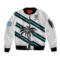 (Custom Text And Number) Fiji Rugby Tapa Pattern Fijian 7s White Sleeve Zip Bomber Jacket LT14 Unisex White - Polynesian Pride