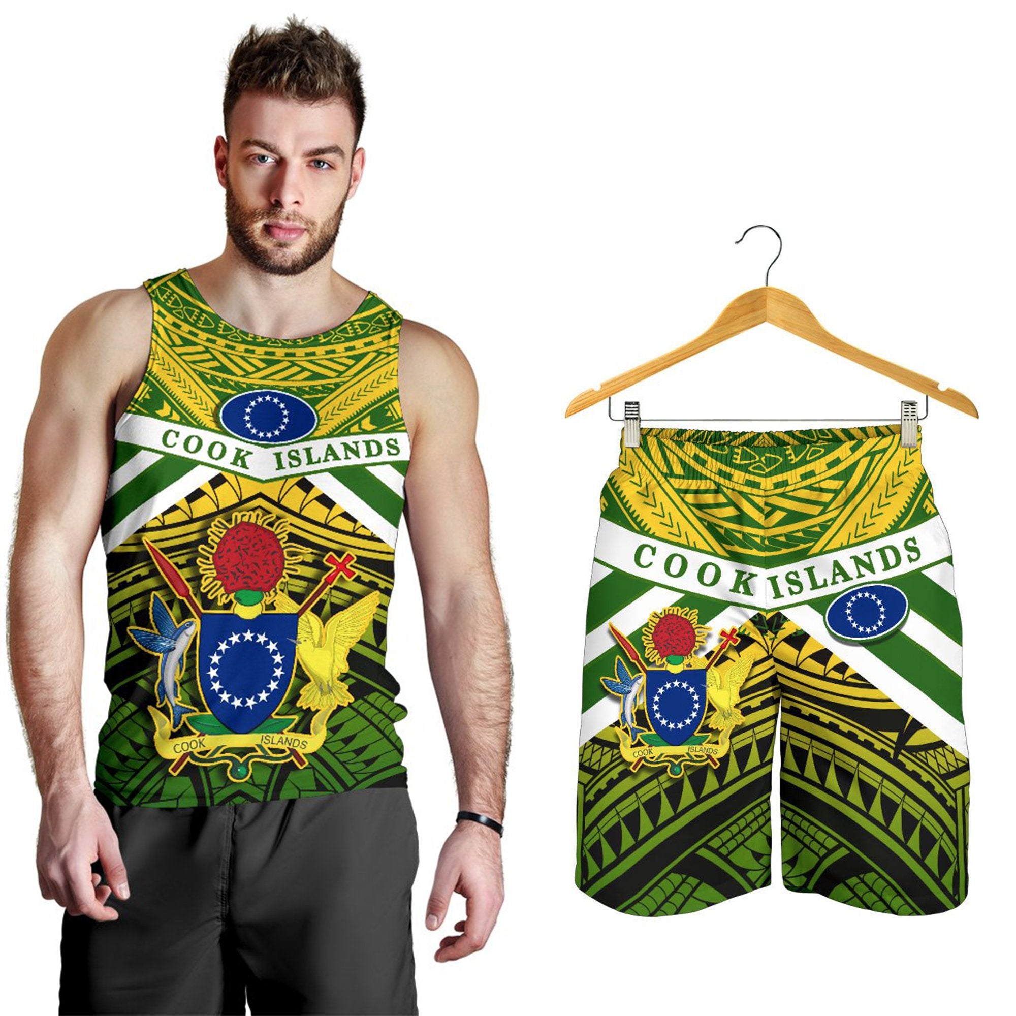 Combo Men Tank Top and Men Short Cook Islands Rugby Spirit Green - Polynesian Pride