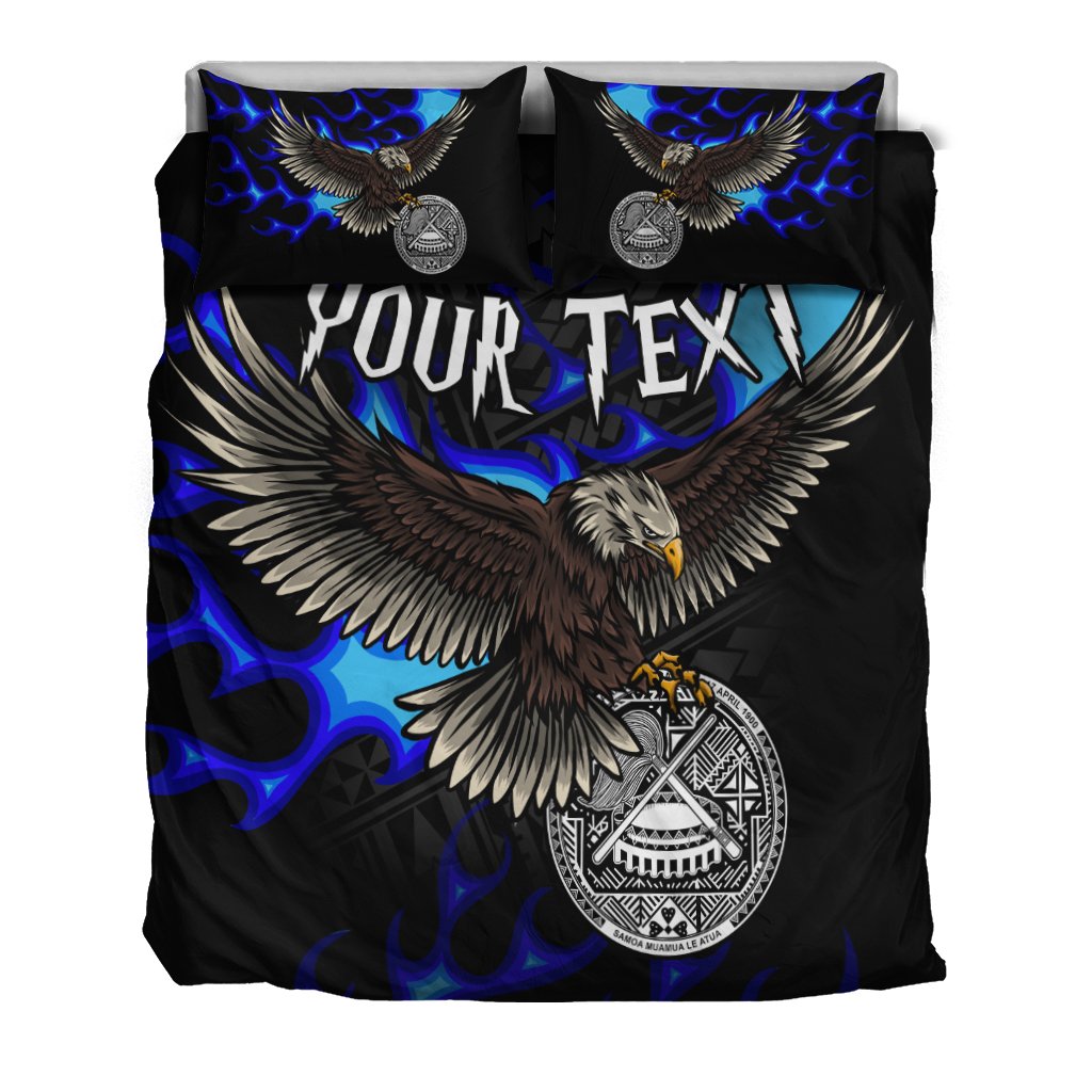 American Samoa Polynesian Custom Personalised Bedding Set - Eagle With Flame Blue - Polynesian Pride