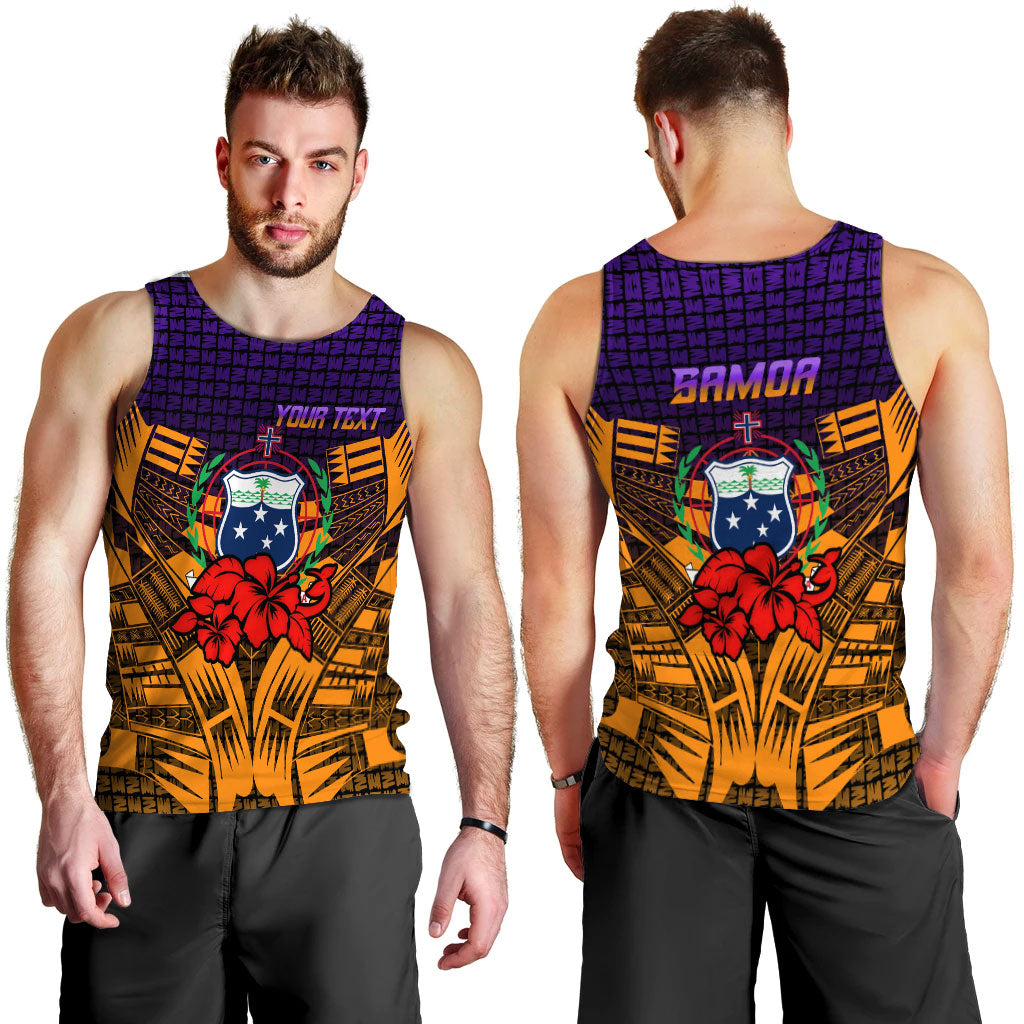 (Custom Personalised) Samoa Men Tank Top - Hibiscus With Tribal - LT12 Orange - Polynesian Pride