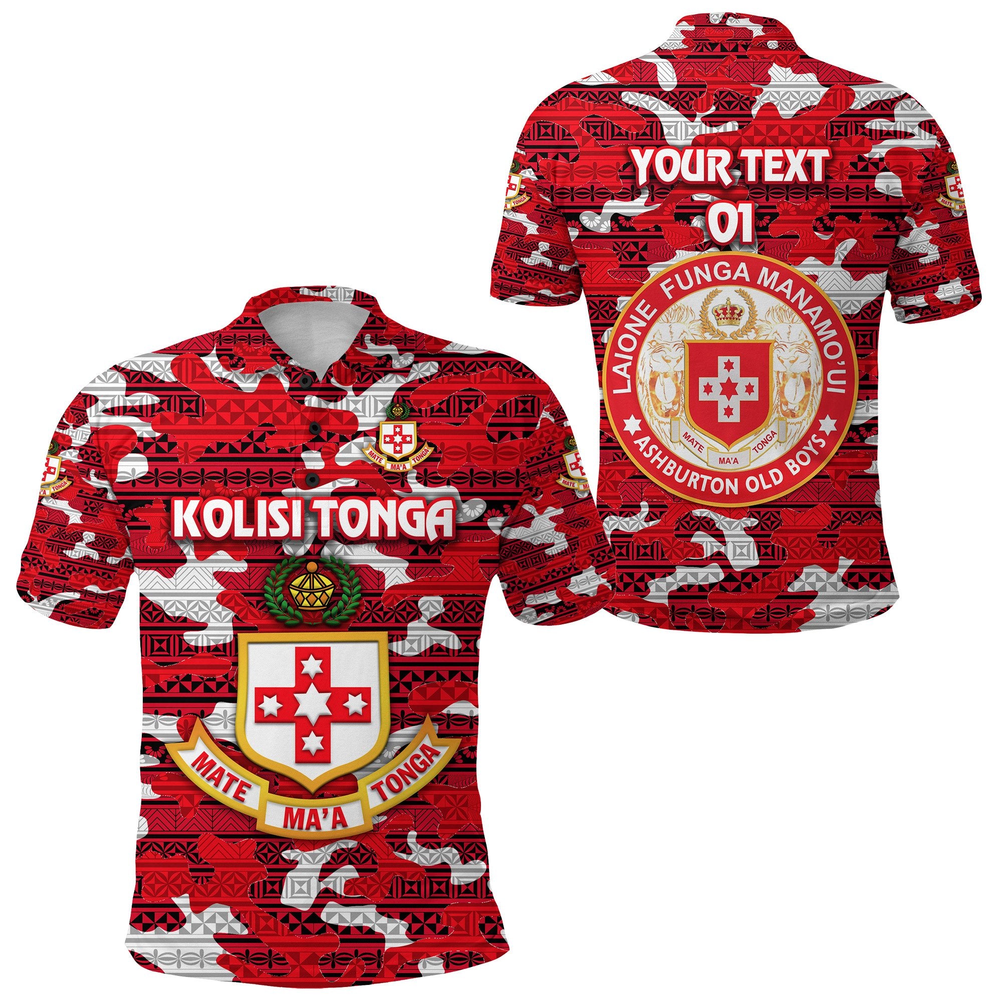 Custom Kolisi Tonga Polo Shirt Mate Maa Tonga Camouflage Vibes Ashburton Old Boys, Custom Text and Number Unisex Red - Polynesian Pride