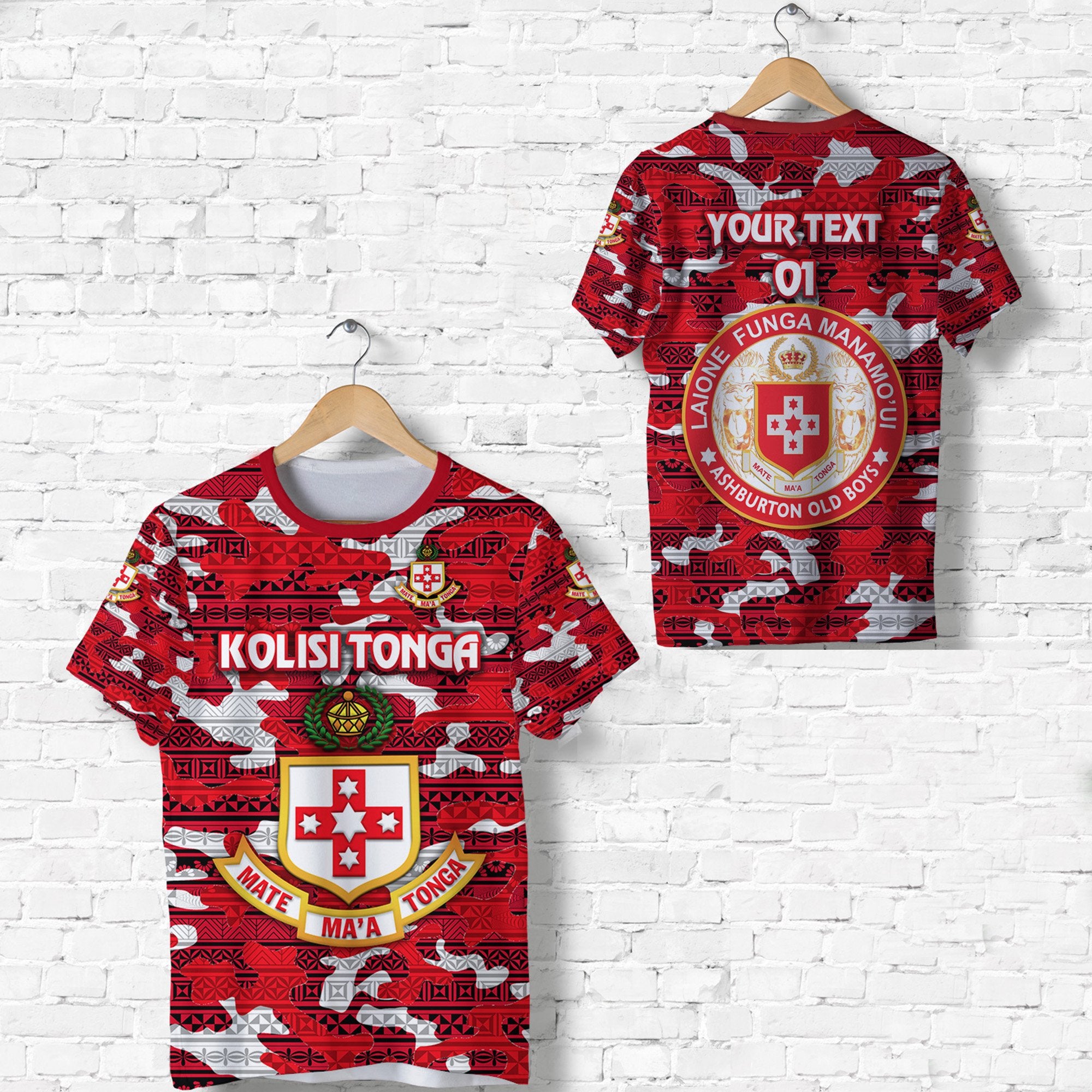 Custom Kolisi Tonga T Shirt Mate Maa Tonga Camouflage Vibes Ashburton Old Boys, Custom Text and Number Unisex Red - Polynesian Pride