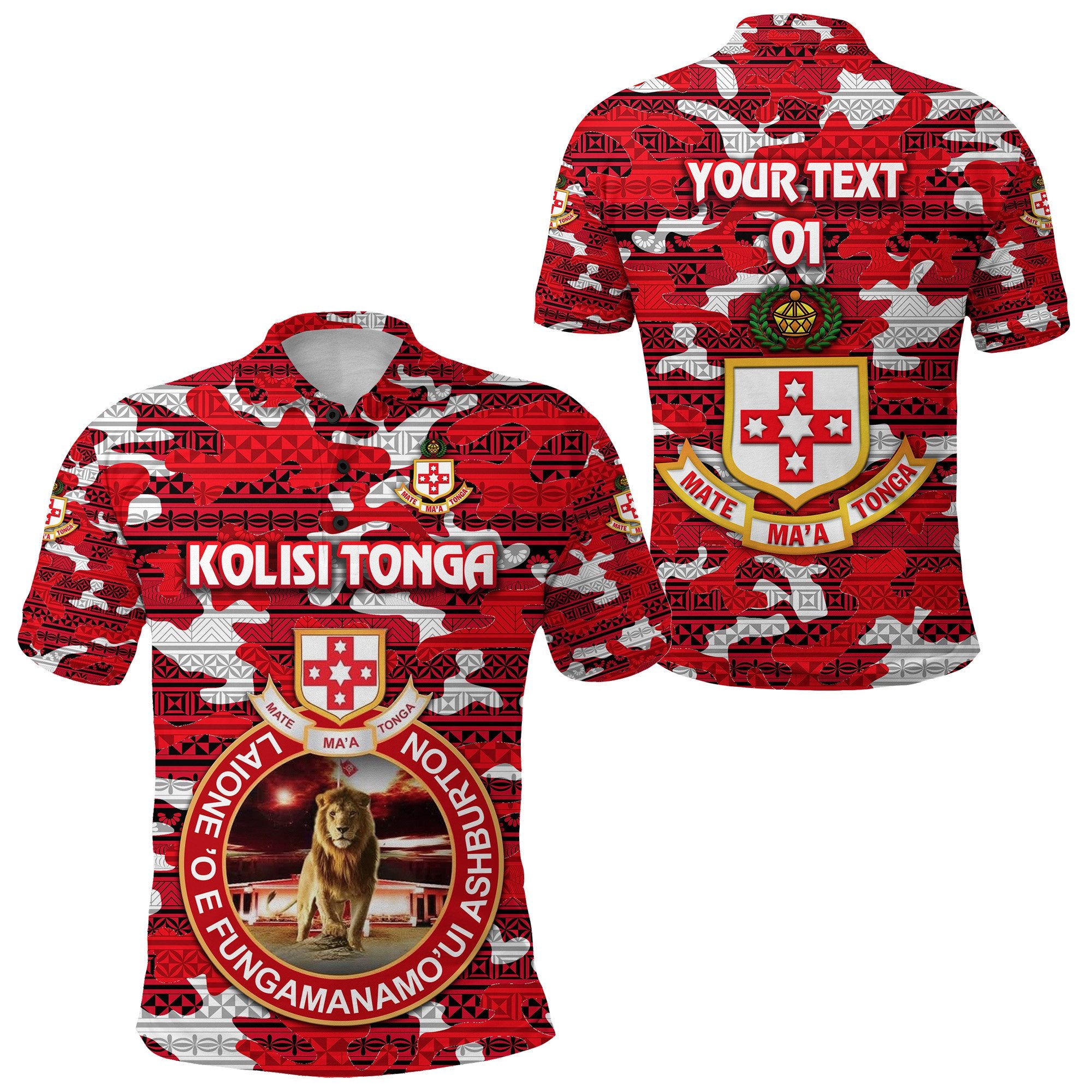 Custom Kolisi Tonga Polo Shirt Mate Maa Tonga Camouflage Vibes Lion Ashburton, Custom Text and Number Unisex Red - Polynesian Pride