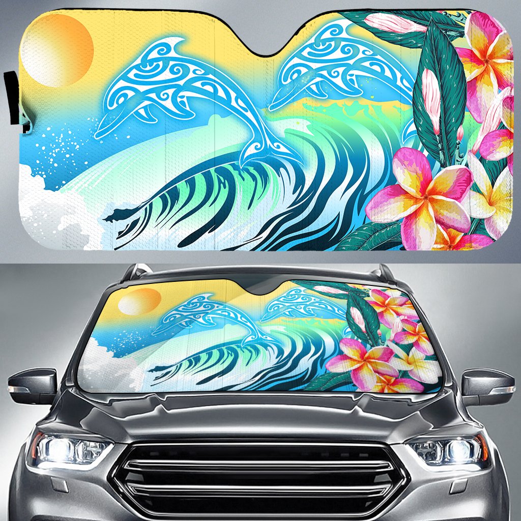 Hawaii Dolphin Plumeria Surfing Polynesian Car Sun Shade - Muriel Style - AH Auto Sun Shade Universal Fit Blue - Polynesian Pride