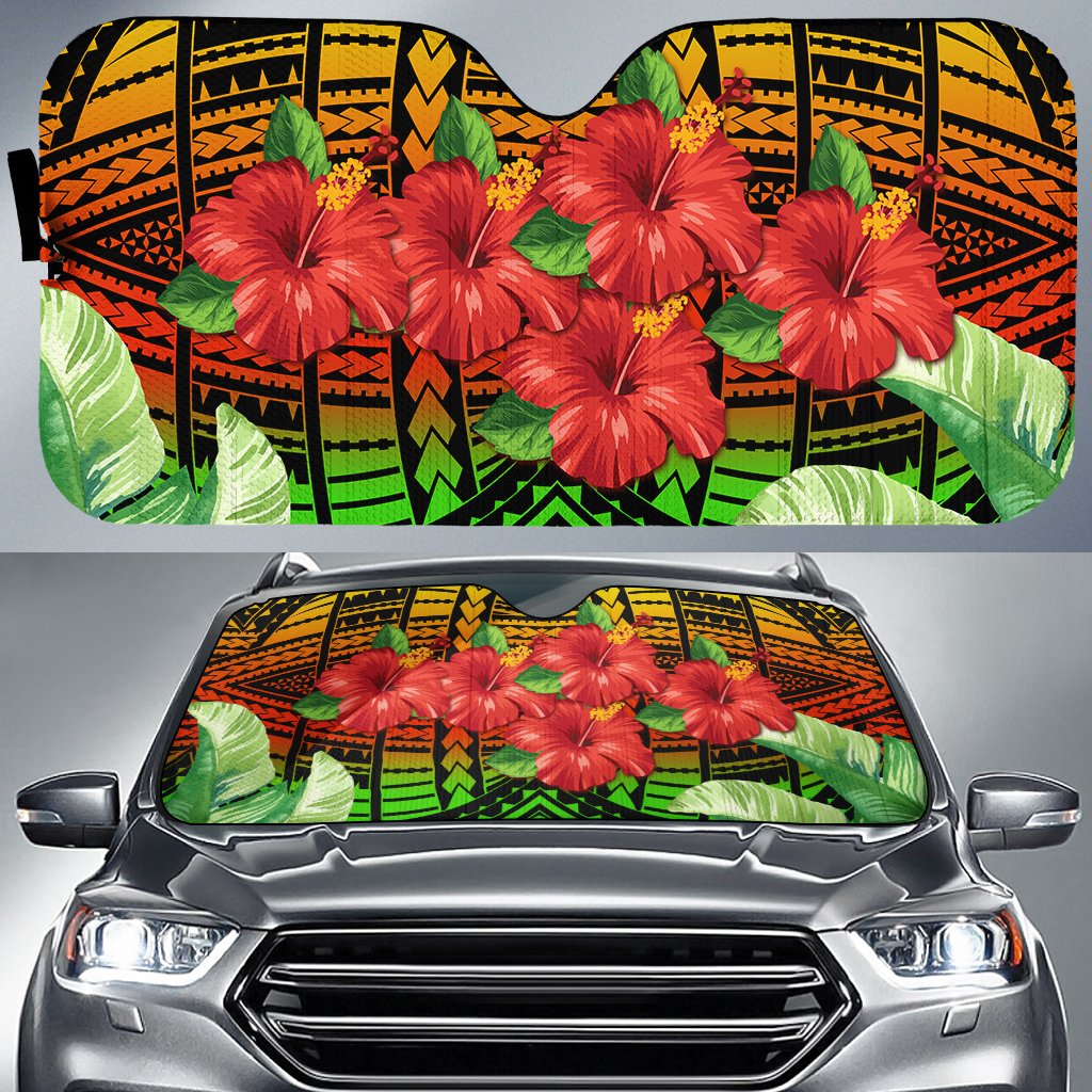 Hawaii Hibiscus Tropical Polynesian Tribal Car Sun Shade - Suri Style - AH Auto Sun Shade Universal Fit Black - Polynesian Pride