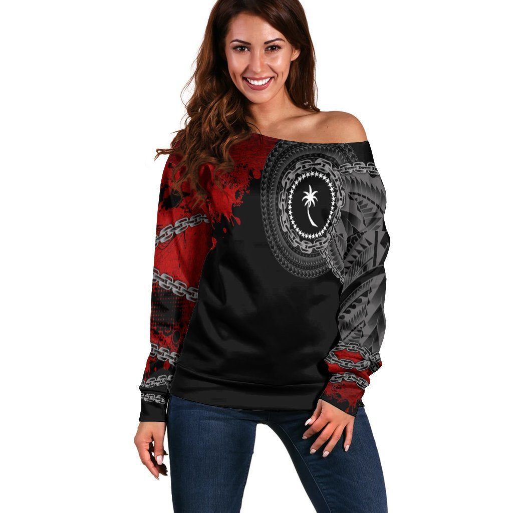 Chuuk Polynesian Women's Off Shoulder Sweater - Polynesian Chain Style Black - Polynesian Pride