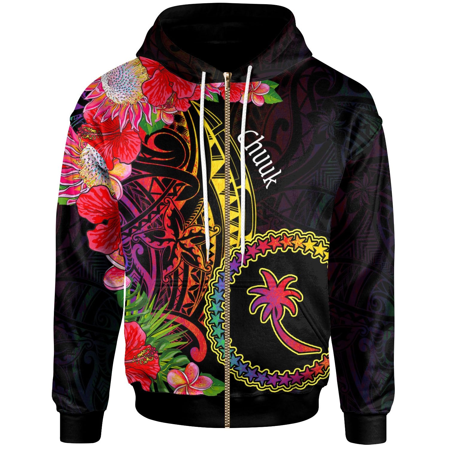 Chuuk State Zip Hoodie Tropical Hippie Style Unisex Black - Polynesian Pride