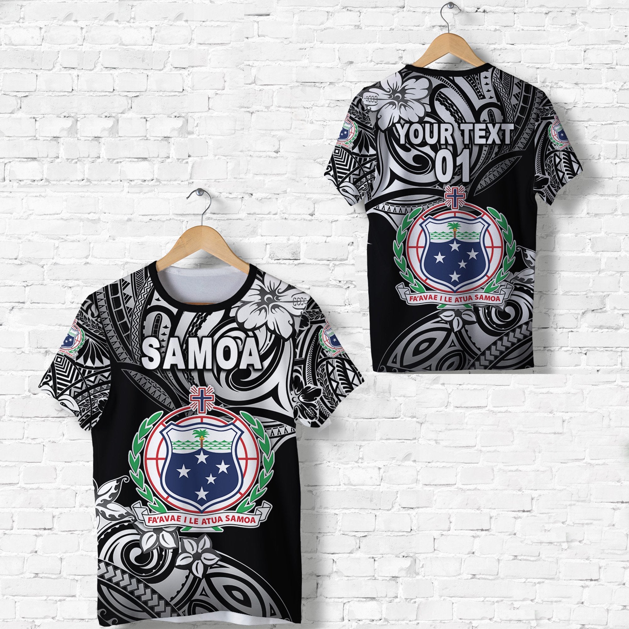 Custom Manu Samoa Rugby T Shirt Unique Vibes Coat of Arms Black, Custom Text and Number Unisex Black - Polynesian Pride