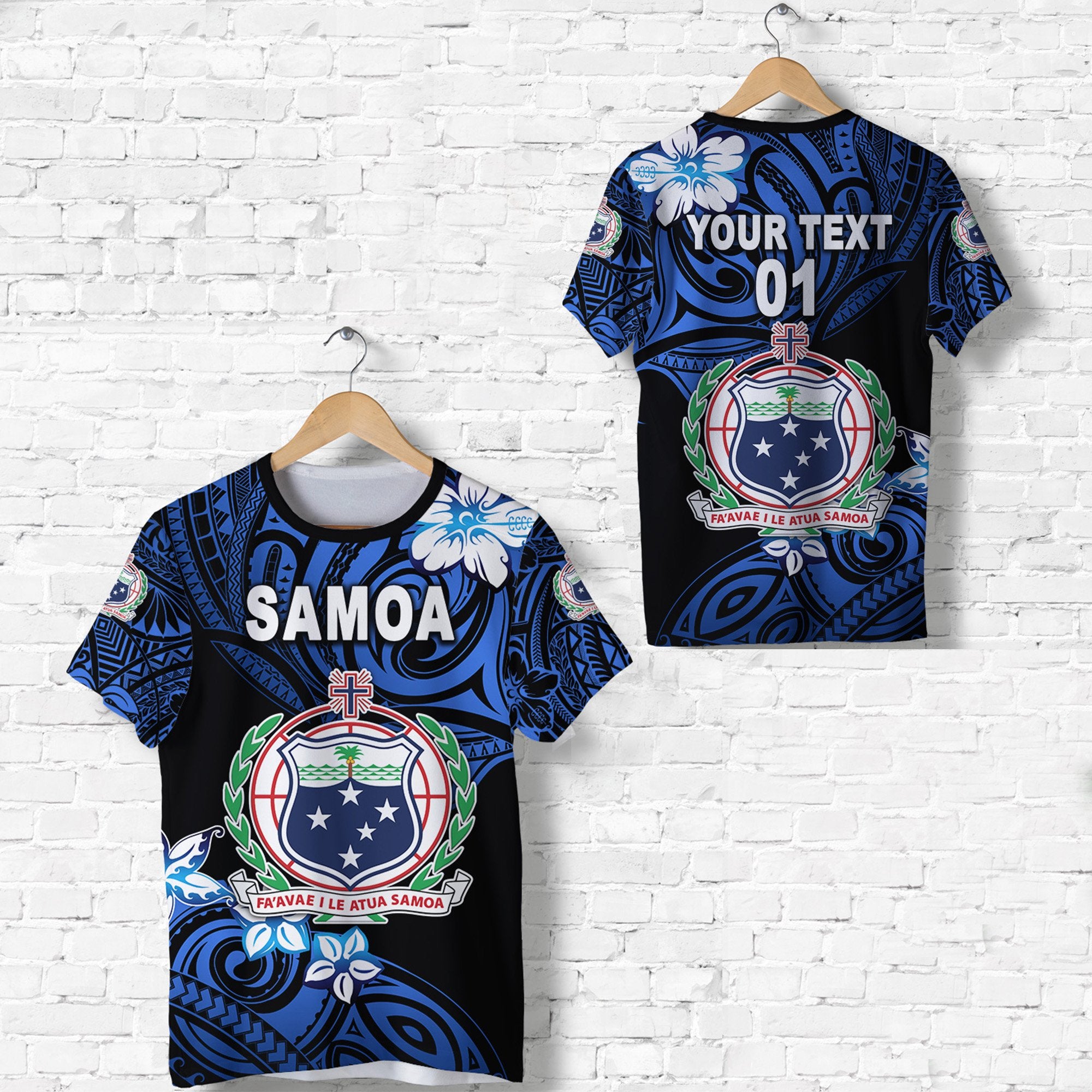 Custom Manu Samoa Rugby T Shirt Unique Vibes Coat of Arms Blue, Custom Text and Number Unisex Blue - Polynesian Pride