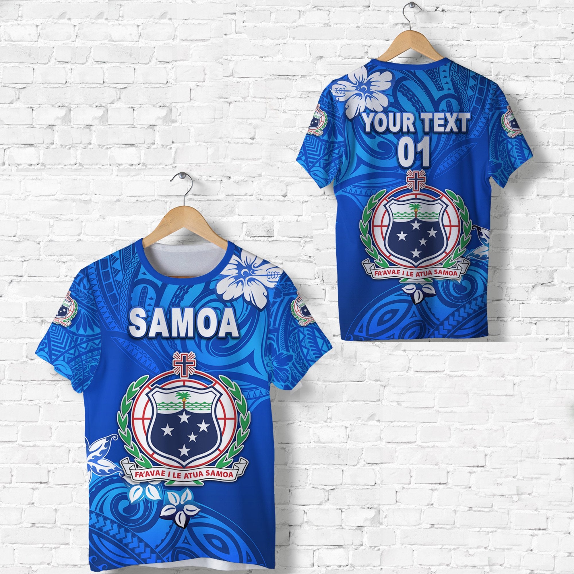 Custom Manu Samoa Rugby T Shirt Unique Vibes Coat of Arms Full Blue, Custom Text and Number Unisex Blue - Polynesian Pride