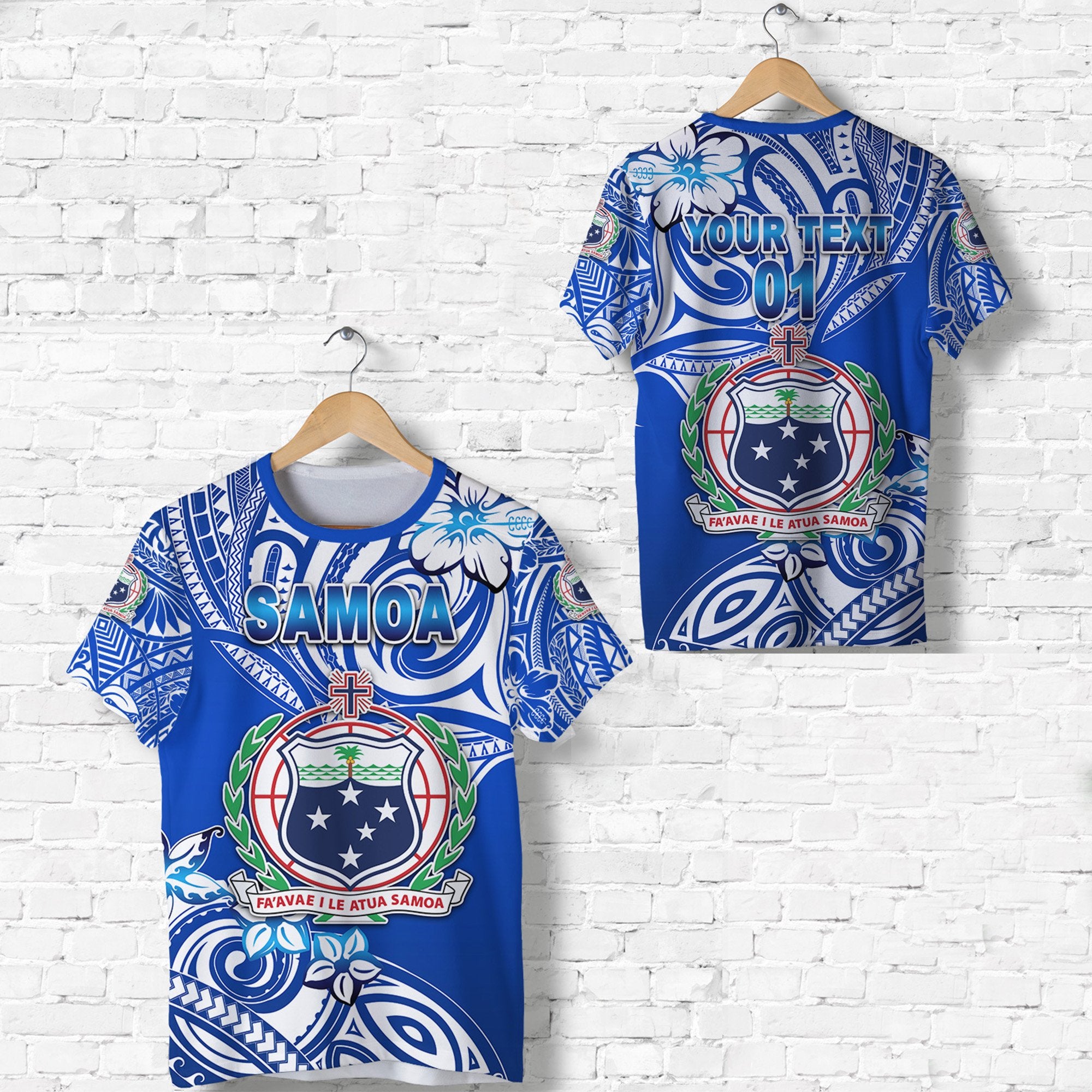 Custom Manu Samoa Rugby T Shirt Unique Vibes Coat of Arms White, Custom Text and Number Unisex Blue - Polynesian Pride