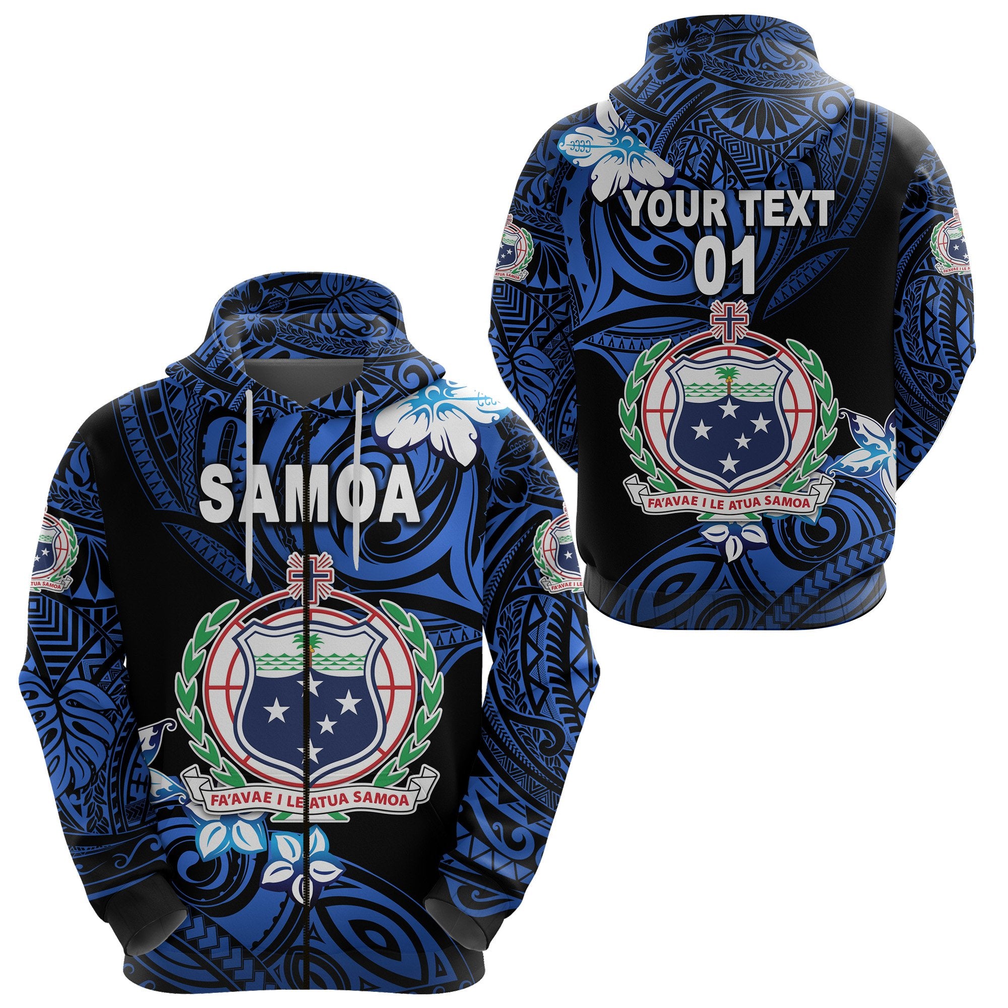 Custom Manu Samoa Rugby Zip Hoodie Unique Vibes Coat of Arms Blue, Custom Text and Number Unisex Blue - Polynesian Pride