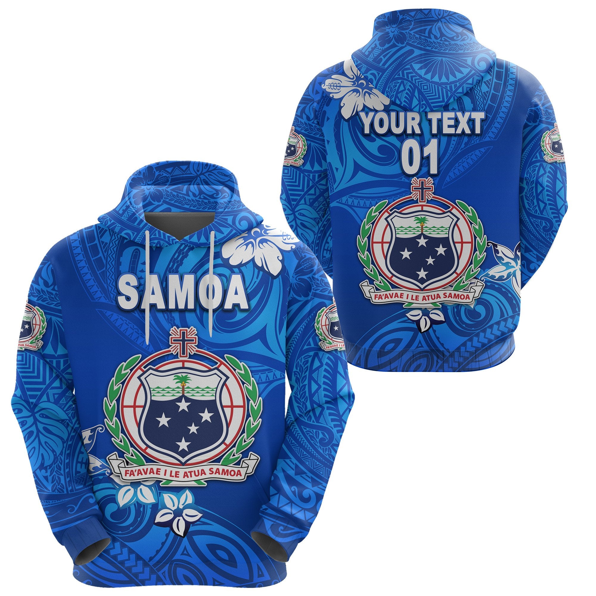 Custom Manu Samoa Rugby Hoodie Unique Vibes Coat of Arms Full Blue, Custom Text and Number Unisex Blue - Polynesian Pride