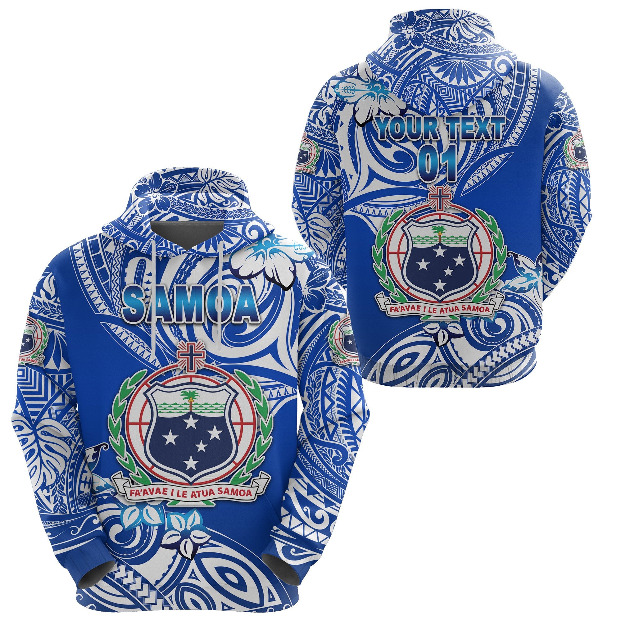 Custom Manu Samoa Rugby Hoodie Unique Vibes Coat of Arms White, Custom Text and Number Unisex Blue - Polynesian Pride