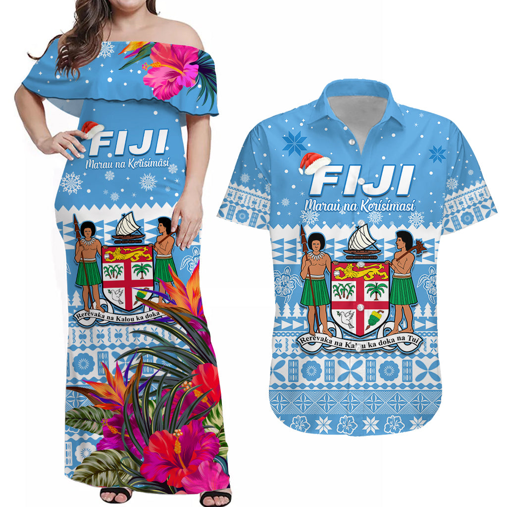 Custom Christmas Polynesian Matching Hawaiian Shirt and Dress Fiji Tapa and Hibiscus LT13 Blue - Polynesian Pride