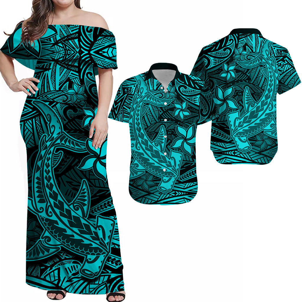 Polynesian Matching Dress and Hawaiian Shirt Turquoise Hawaiian Tribal Hammerhead Shark LT14 Turquoise - Polynesian Pride