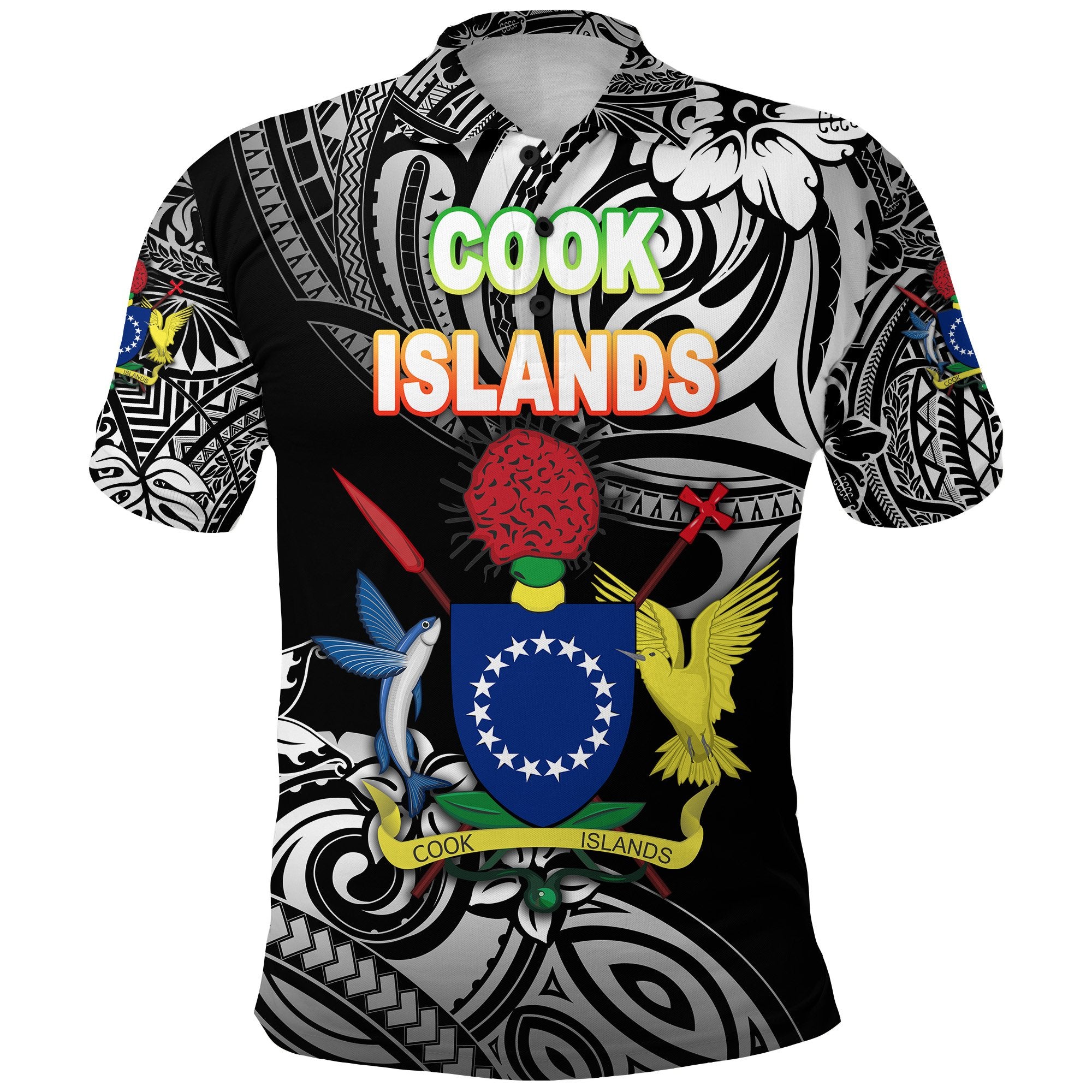 Custom Cook Islands Rugby Polo Shirt Unique Vibes Coat Of Arms Black, Custom Text and Number Unisex Black - Polynesian Pride