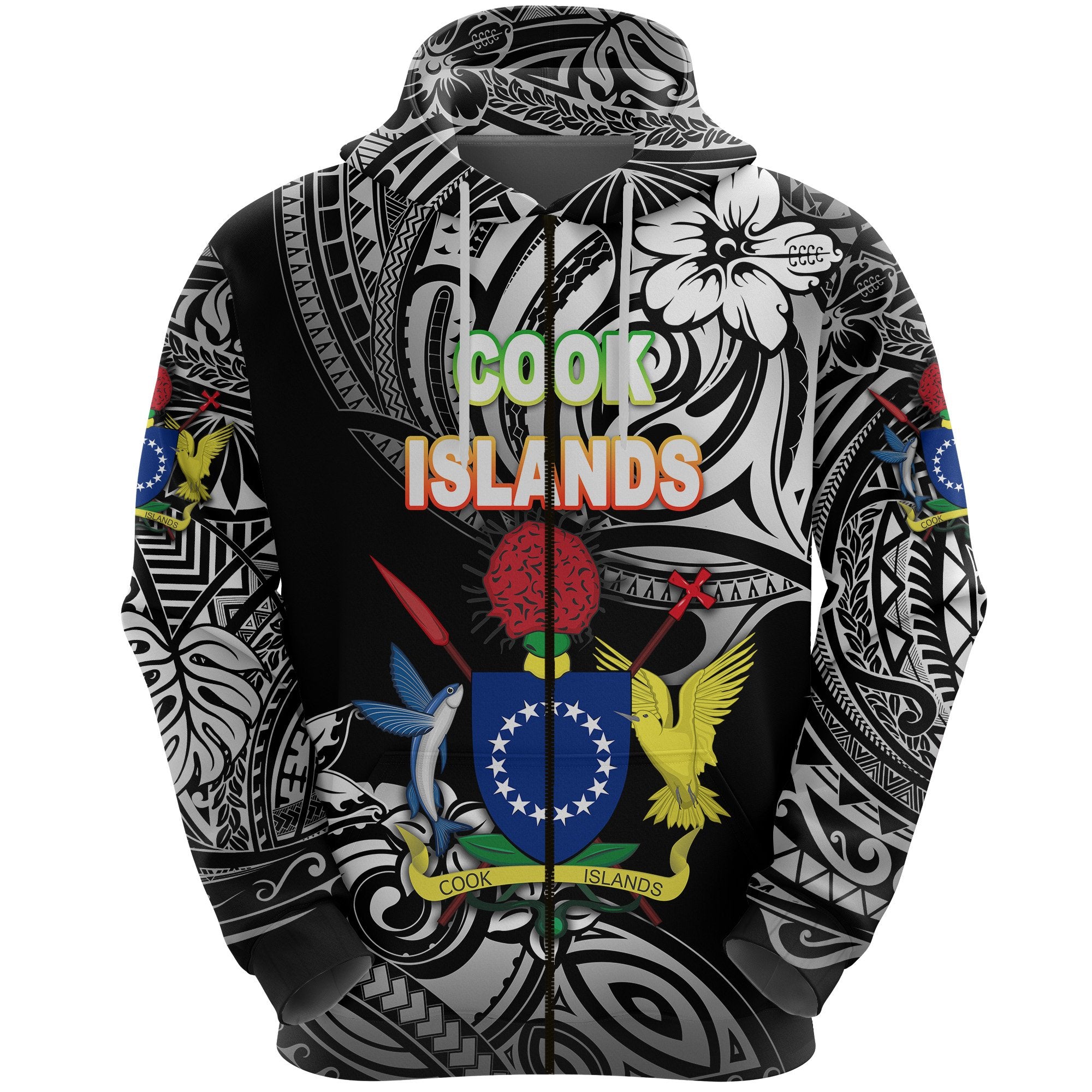 Custom Cook Islands Rugby Zip Hoodie Unique Vibes Coat of Arms Black, Custom Text and Number Unisex Black - Polynesian Pride