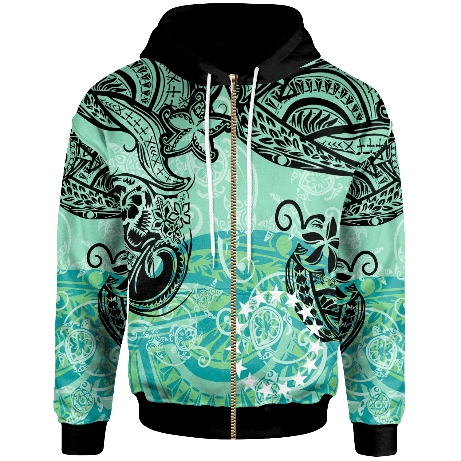 Cook Islands Zip Hoodie Vintage Floral Pattern Green Color Unisex Green - Polynesian Pride