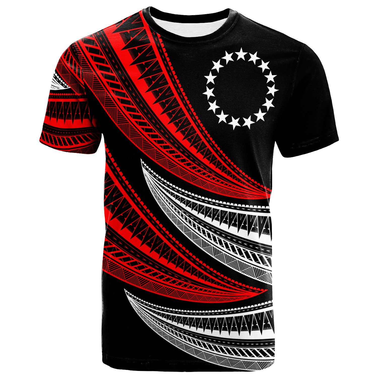 Cook Custom Islands T Shirt Wave Pattern Alternating Red Color Unisex Black - Polynesian Pride