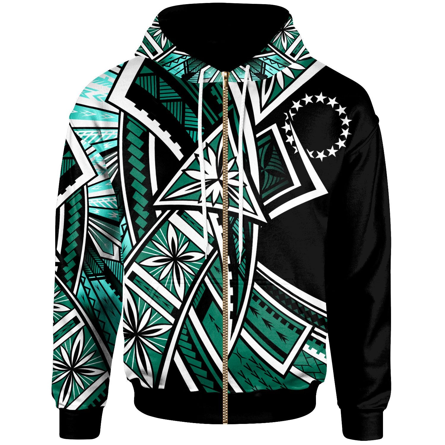 Cook Island Zip up Hoodie Tribal Flower Special Pattern Green Color Unisex Green - Polynesian Pride