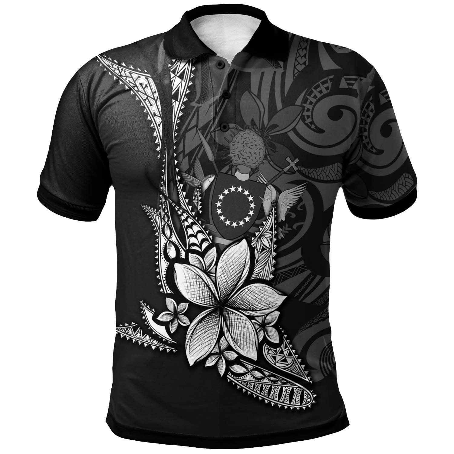 Cook Islands Polo Shirt Fish With Plumeria Flowers Style Unisex Black - Polynesian Pride