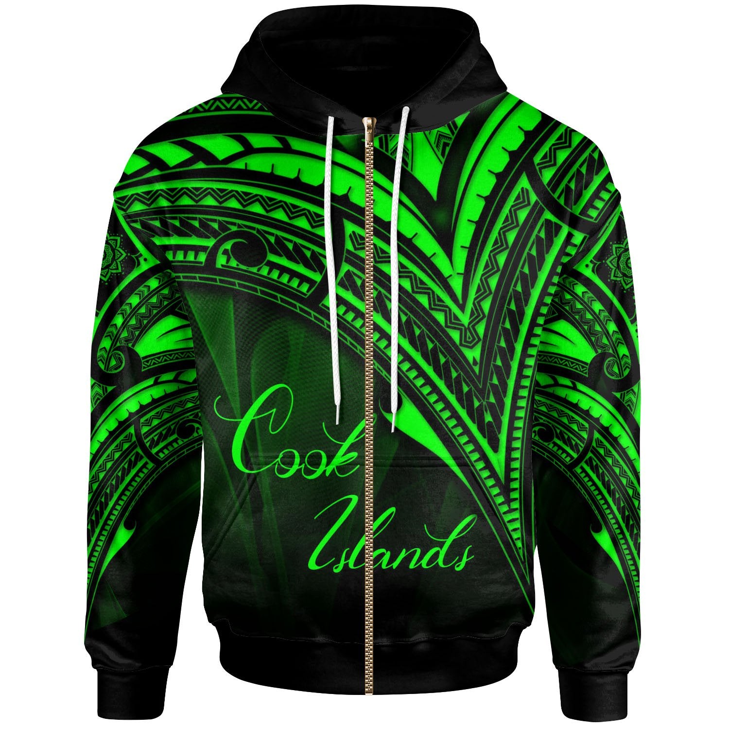 Cook Islands Zip Hoodie Green Color Cross Style Unisex Black - Polynesian Pride