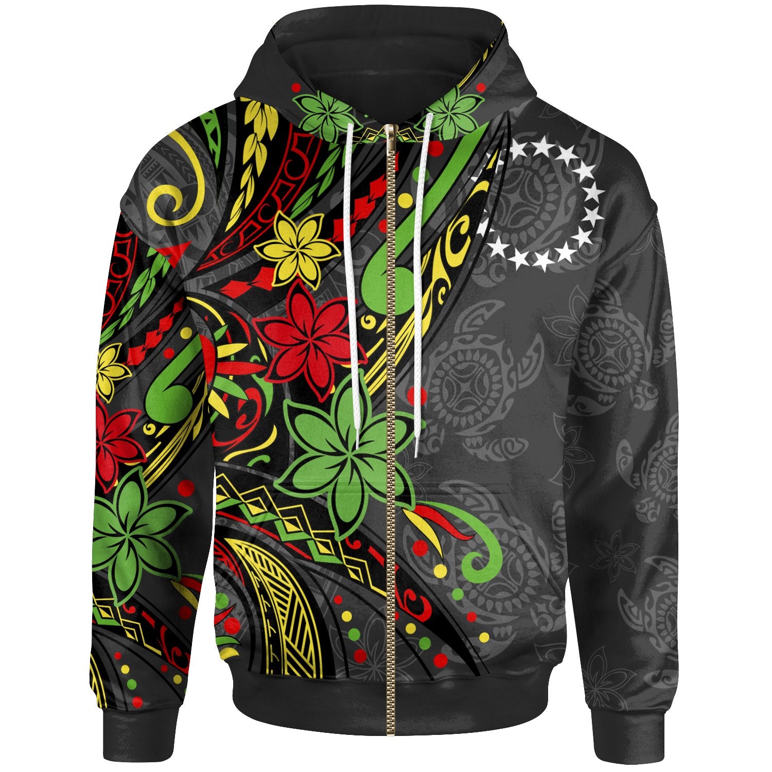 Cook Island Zip up Hoodie Tribal Flower With Special Turtles Unisex Black - Polynesian Pride