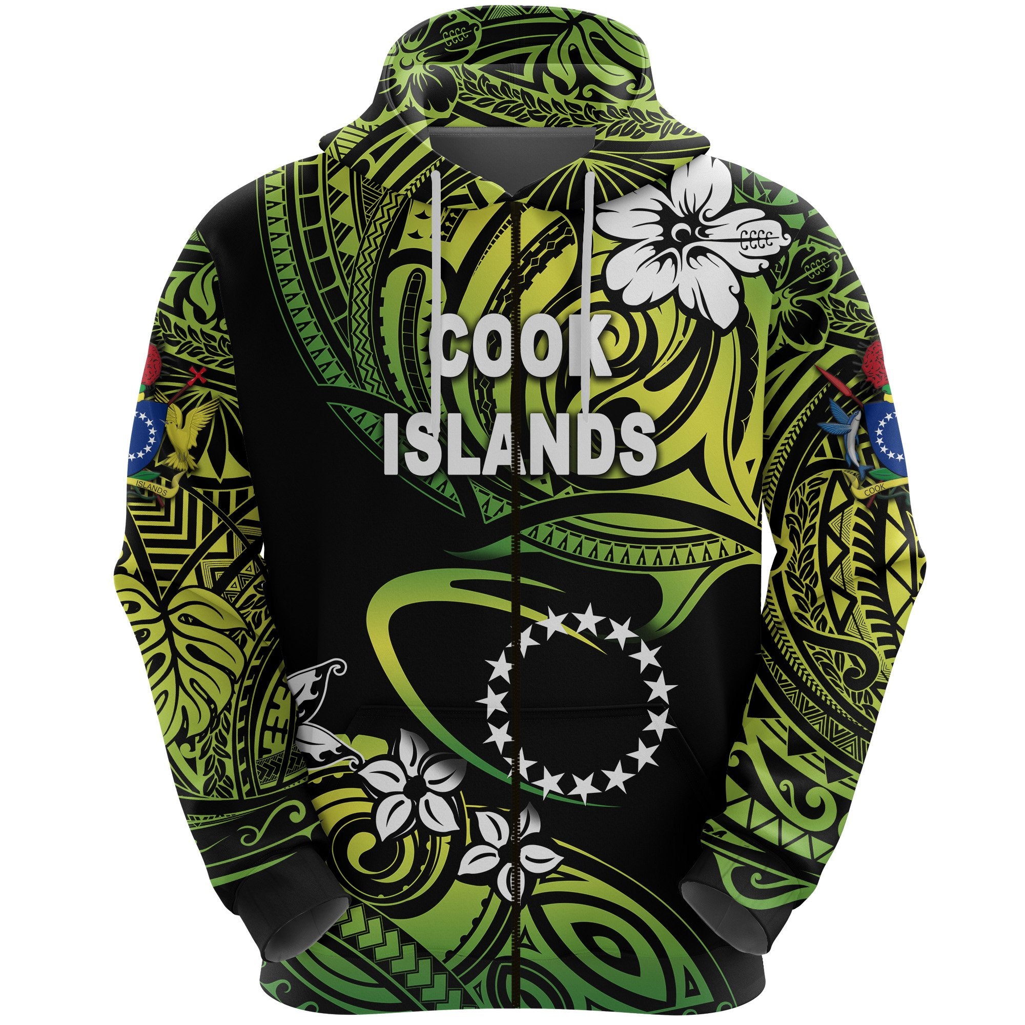 Custom Cook Islands Rugby Zip Hoodie Unique Vibes Green, Custom Text and Number Unisex Green - Polynesian Pride