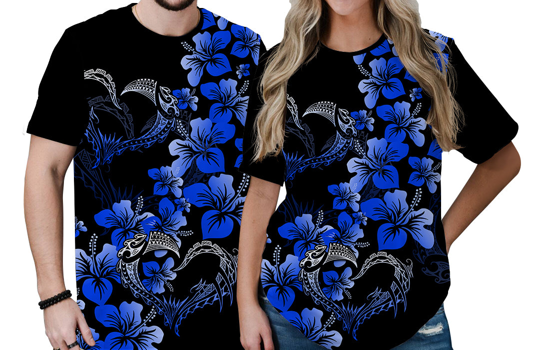 Polynesian Valentine T Shirt Hibiscus Flowers Blue Style LT6 - Polynesian Pride