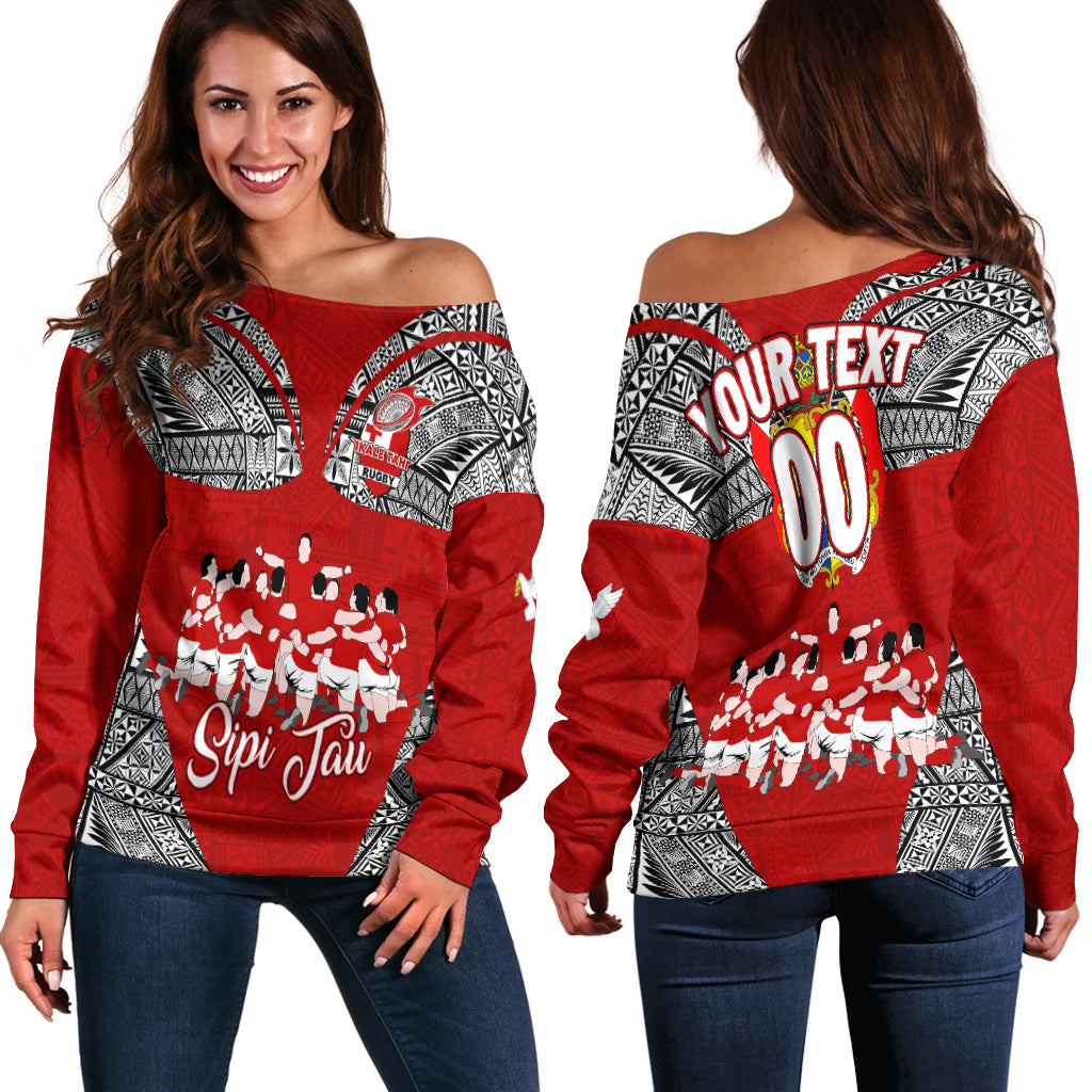 (Custom Personalised) Tonga Rugby Ikale Tahi Sipi Tau Women Off Shoulder Sweater - LT2 Women RED - Polynesian Pride