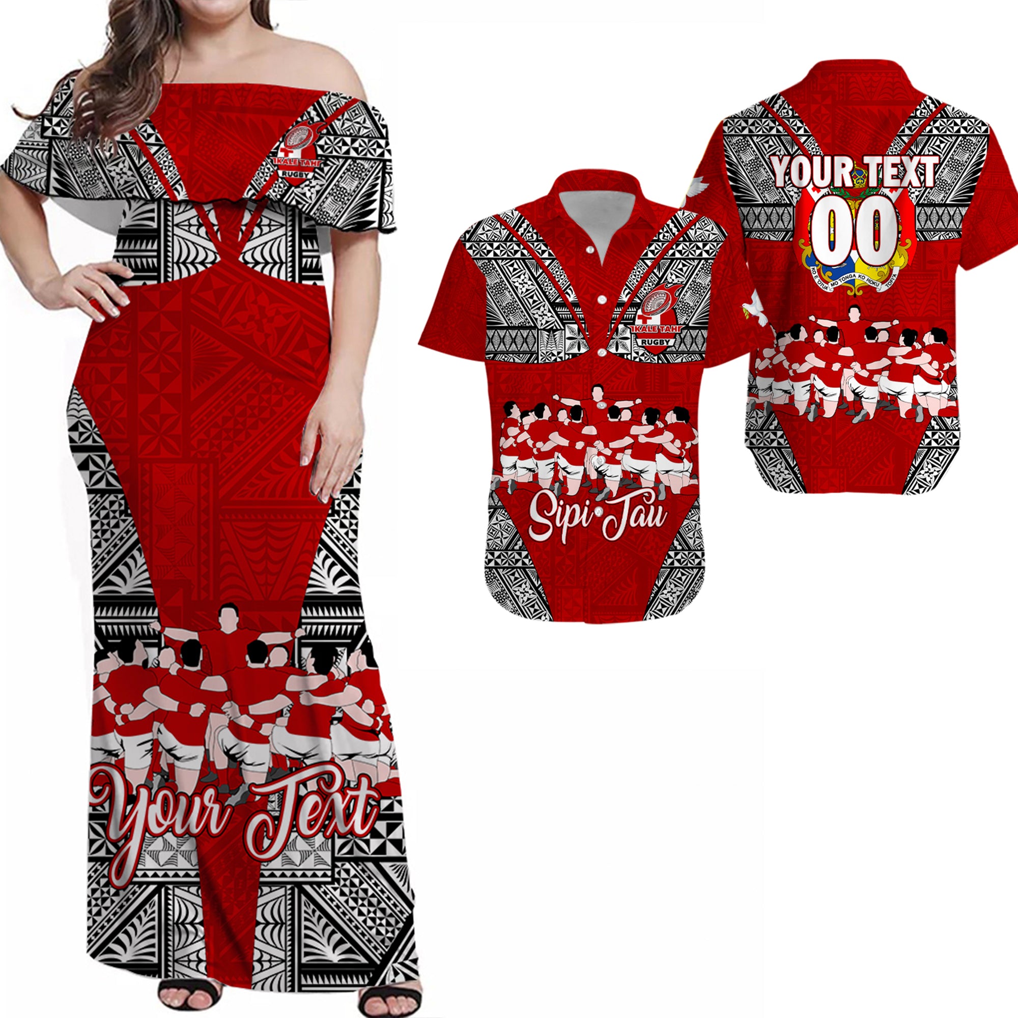 Custom Tonga Rugby Matching Dress and Hawaiian Shirt Ikale Tahi Sipi Tau LT2 RED - Polynesian Pride