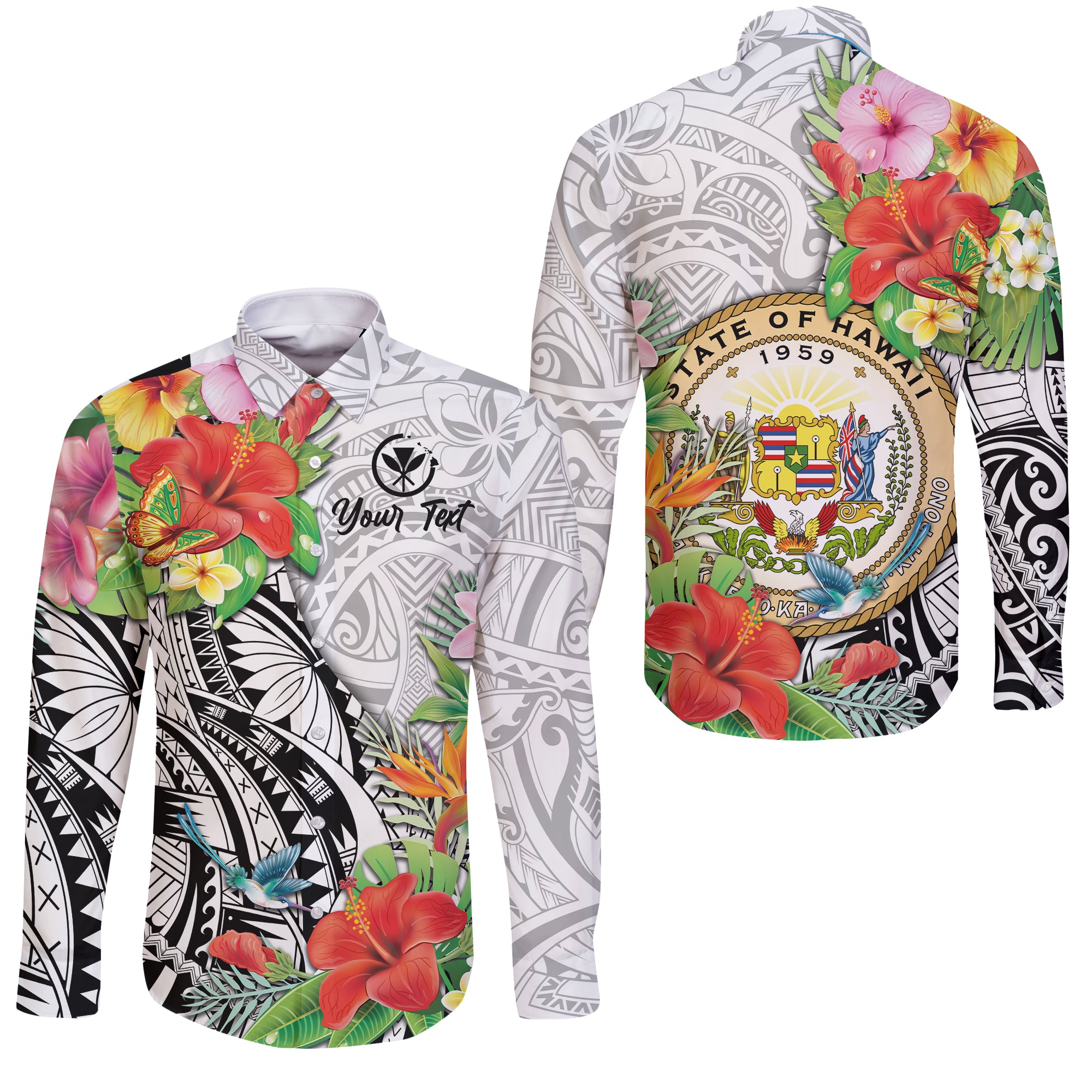 (Custom Personalised) Hawaii Hibiscus Kanaka Polynesia Long Sleeve Button Shirt - LT2 Unisex WHITE - Polynesian Pride