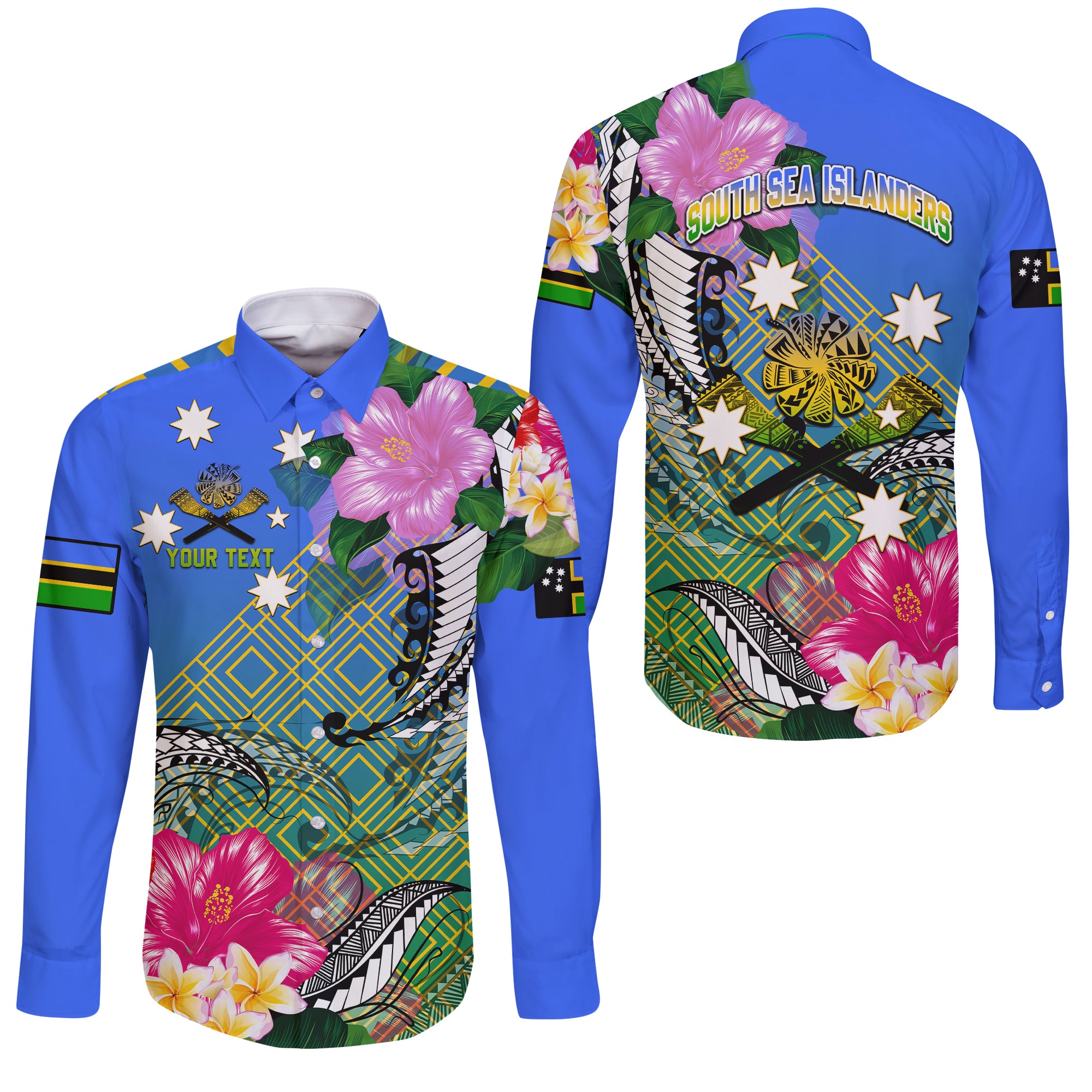 (Custom Personalised) South Sea Islanders Kanakas Hibiscus Polynesia Long Sleeve Button Shirt - LT2 Unisex BLUE - Polynesian Pride