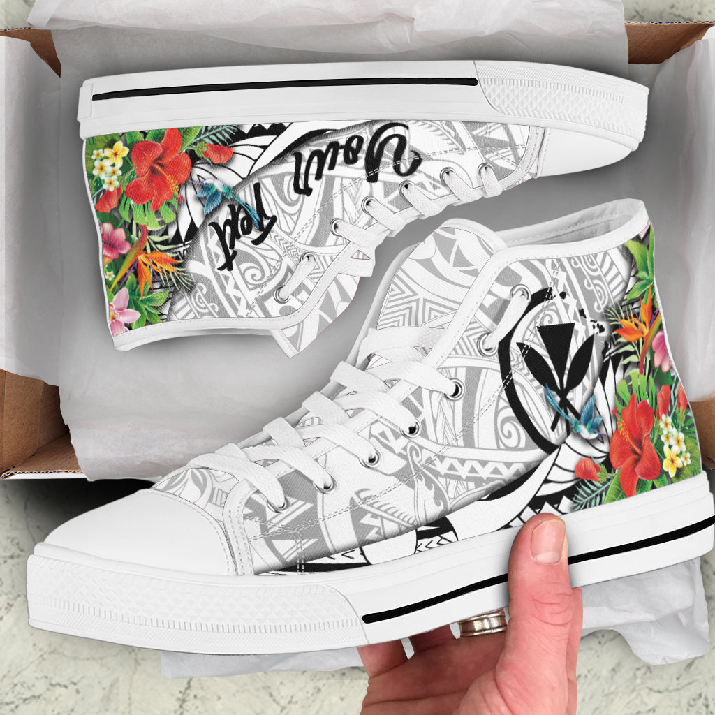 (Custom Personalised) Hawaii Hibiscus Kanaka Polynesia High Top Shoes - LT2 Unisex White - Polynesian Pride