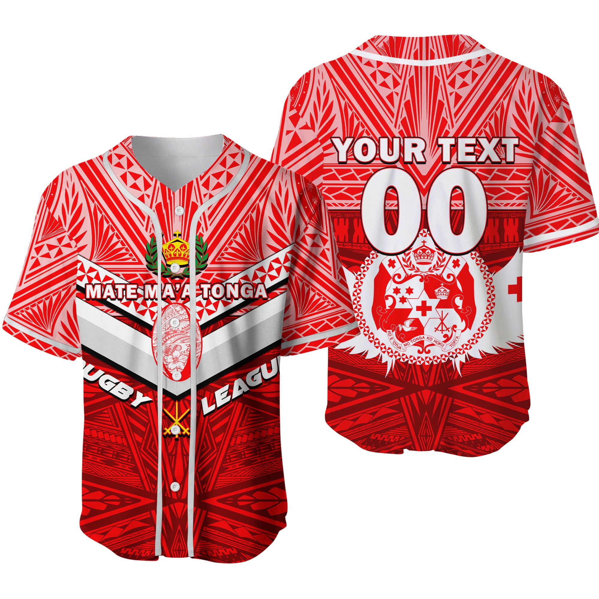 (Custom Personalised) Tonga Rugby Mate Ma'a Tonga Tapa Pattern Baseball Jersey - LT2 RED - Polynesian Pride